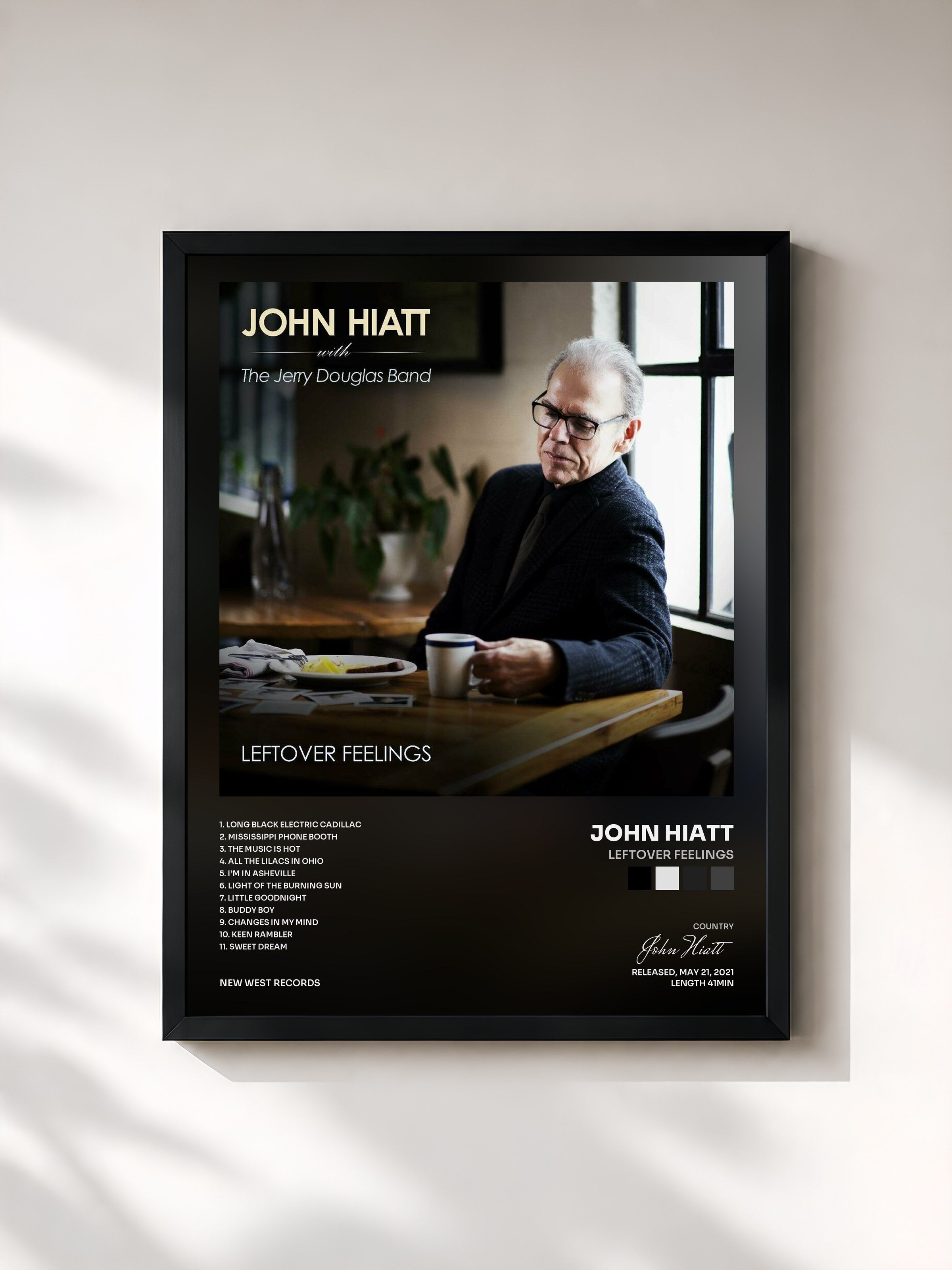 #noir Tableau de l'album Leftover Feelings de John Hiatt, cadre noir, imprimé et encadré en France