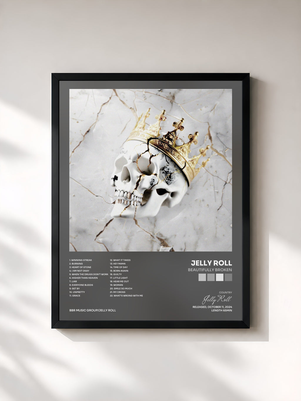 #noir Tableau de l'album Beautifully Broken de Jelly Roll, cadre noir, imprimé et encadré en France