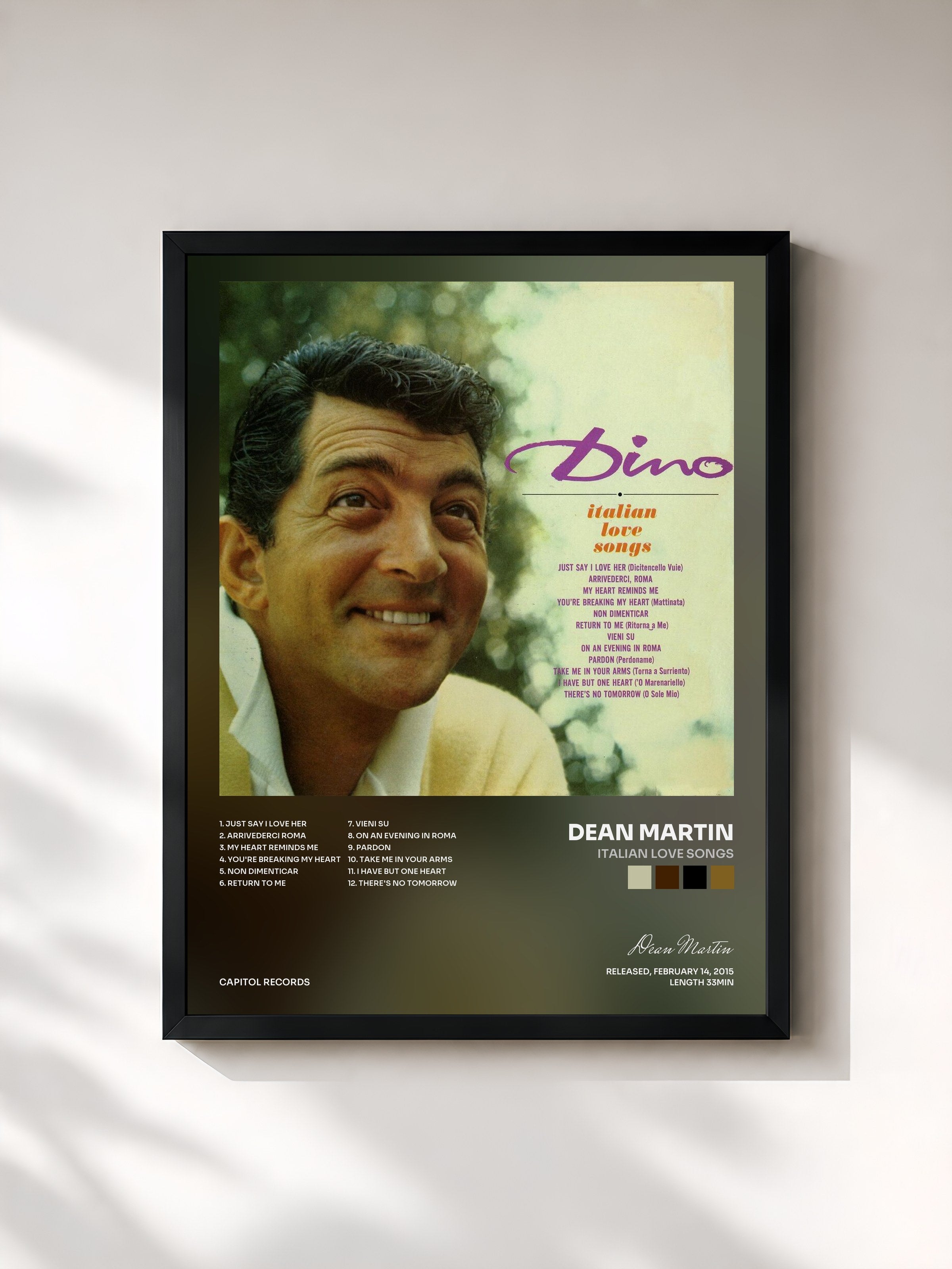 #noir Tableau de l'album Italian Love Songs de Dean Martin, cadre noir, imprimé et encadré en France