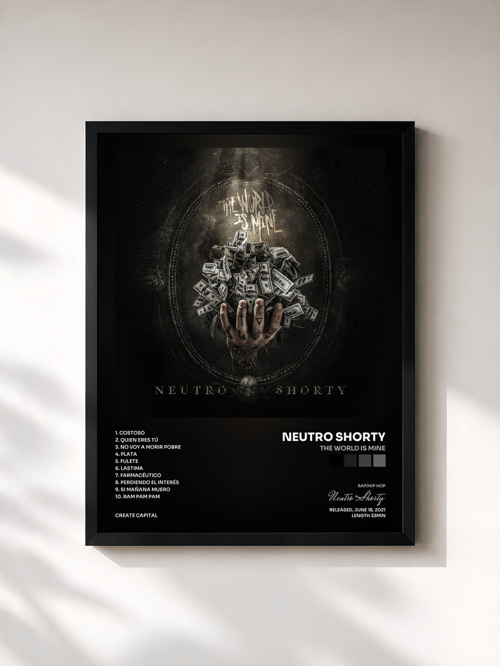 #noir Tableau de l'album The World Is Mine de Neutro Shorty, cadre noir, imprimé et encadré en France