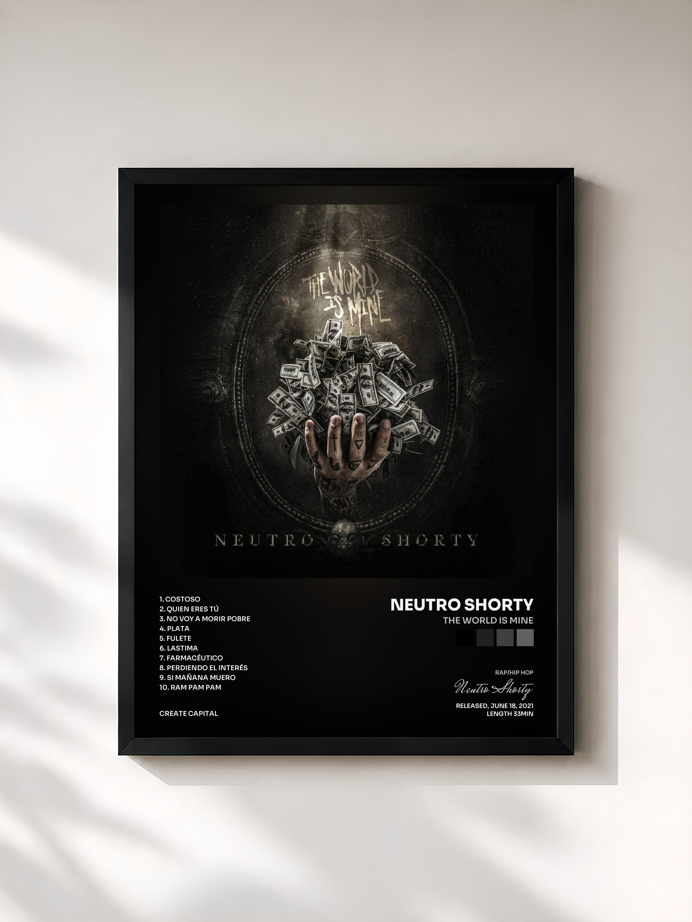 #noir Tableau de l'album The World Is Mine de Neutro Shorty, cadre noir, imprimé et encadré en France