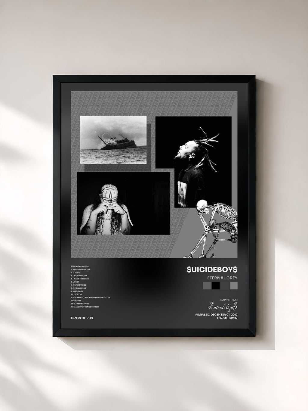 #noir Tableau de l'album Eternal Grey de $uicideboy$, cadre noir, imprimé et encadré en France