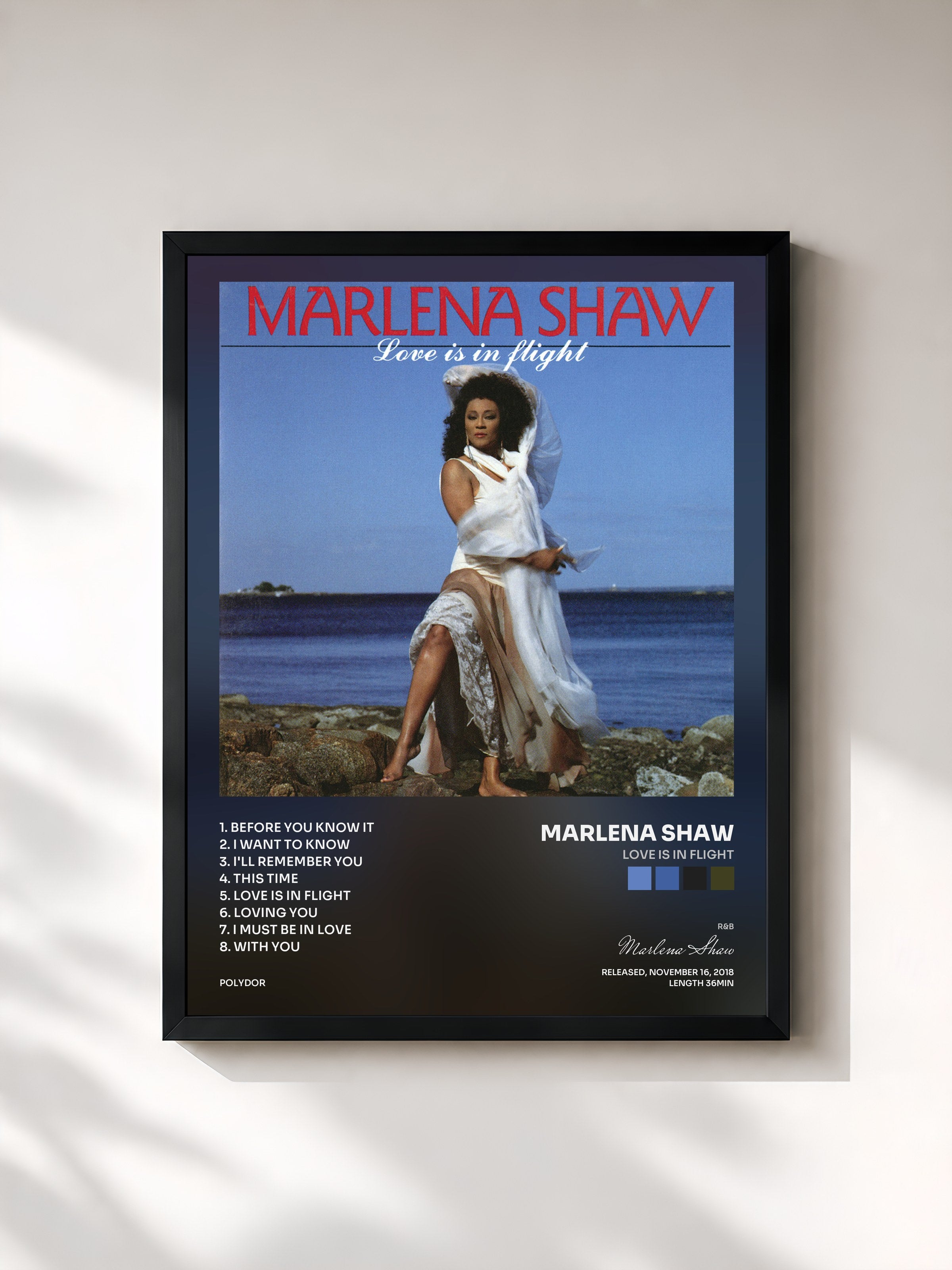 #noir Tableau de l'album Love Is In Flight de Marlena Shaw, cadre noir, imprimé et encadré en France