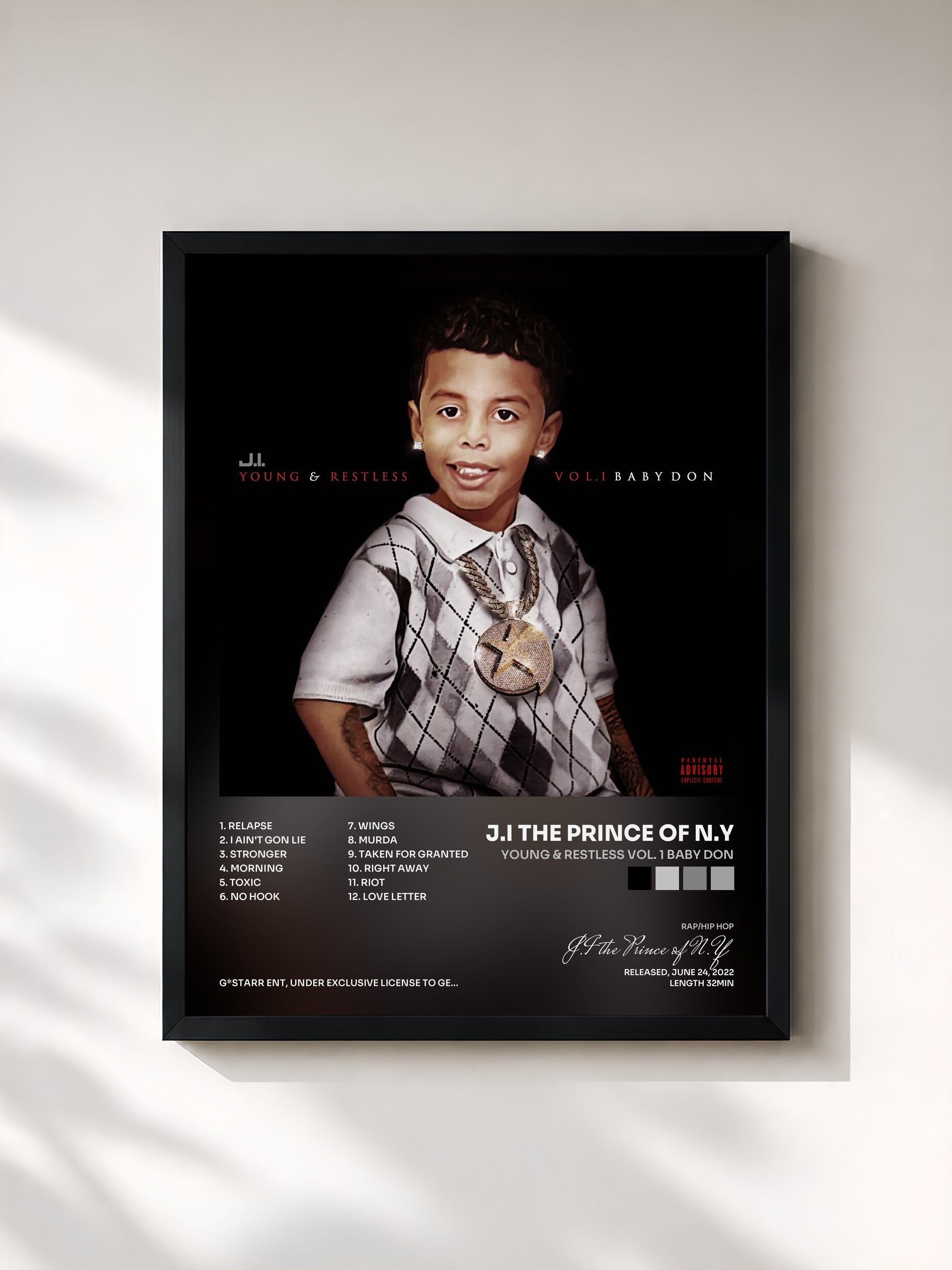 #noir Tableau de l'album Young & Restless Vol. 1 Baby Don de J.I the Prince of N.Y, cadre noir, imprimé et encadré en France
