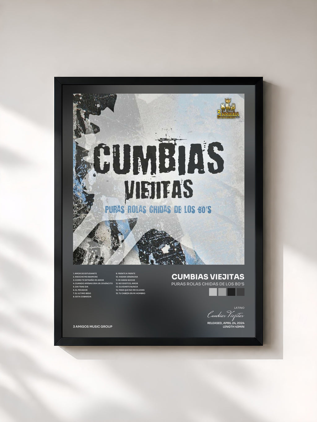 #noir Tableau de l'album Puras Rolas Chidas De Los 80's de Cumbias Viejitas, cadre noir, imprimé et encadré en France