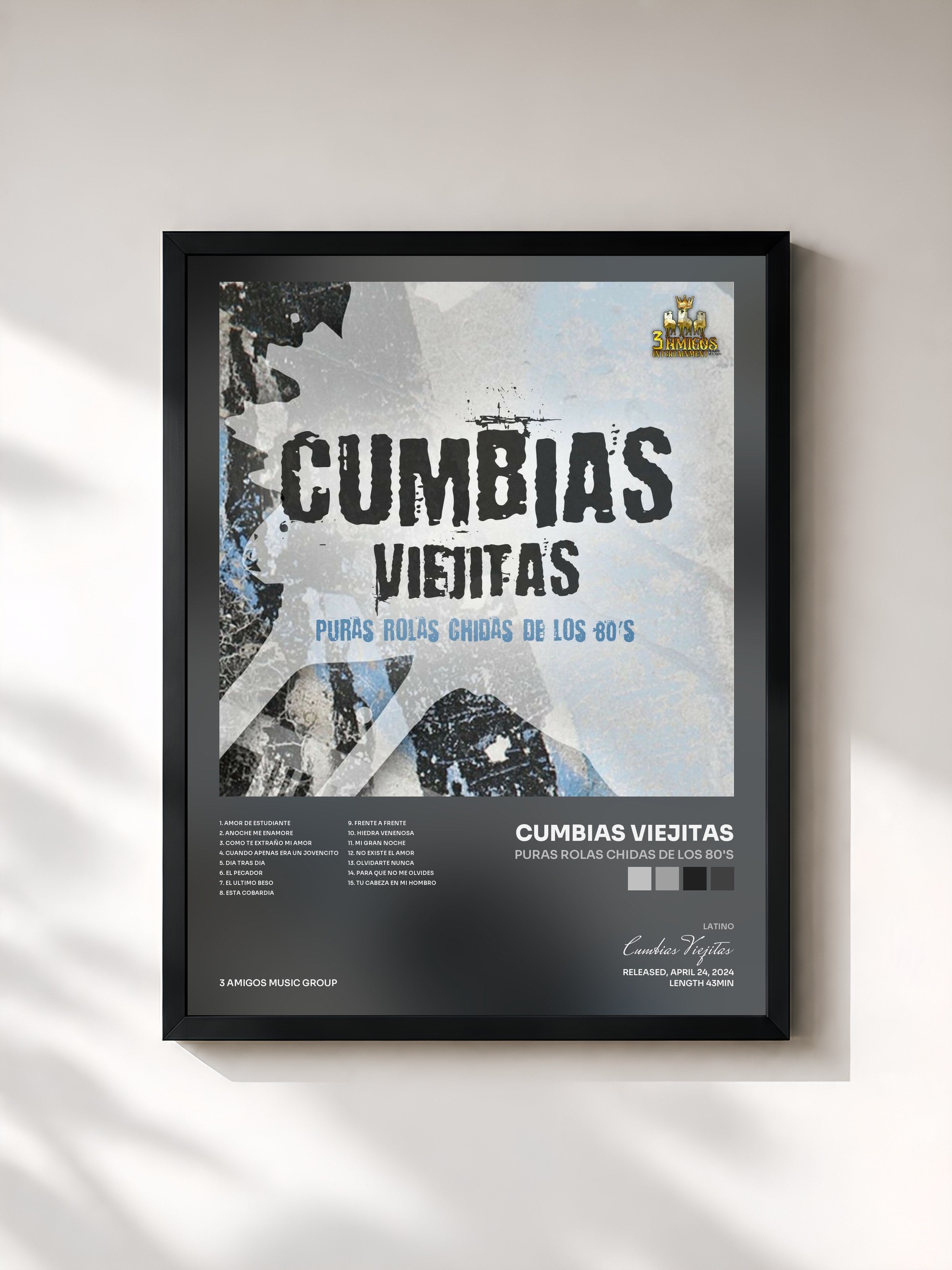 #noir Tableau de l'album Puras Rolas Chidas De Los 80's de Cumbias Viejitas, cadre noir, imprimé et encadré en France