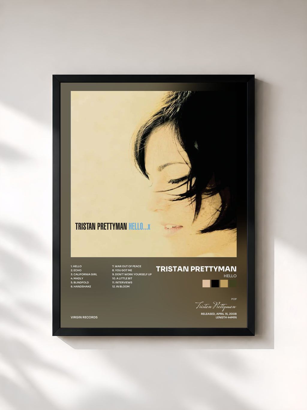 #noir Tableau de l'album Hello de Tristan Prettyman, cadre noir, imprimé et encadré en France