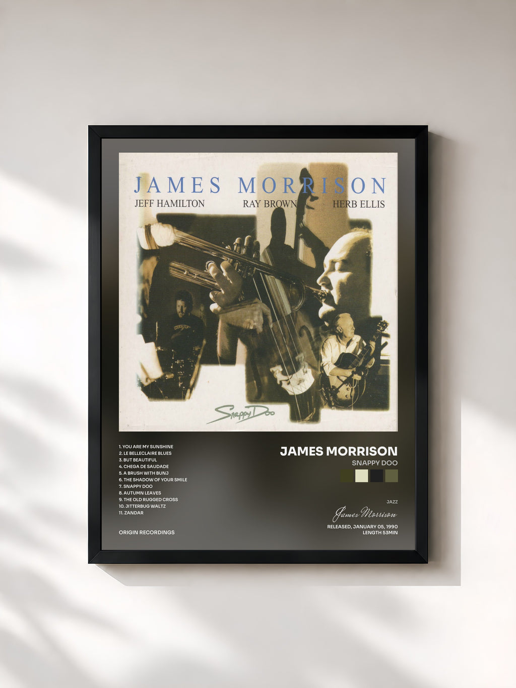 #noir Tableau de l'album Snappy Doo de James Morrison, cadre noir, imprimé et encadré en France