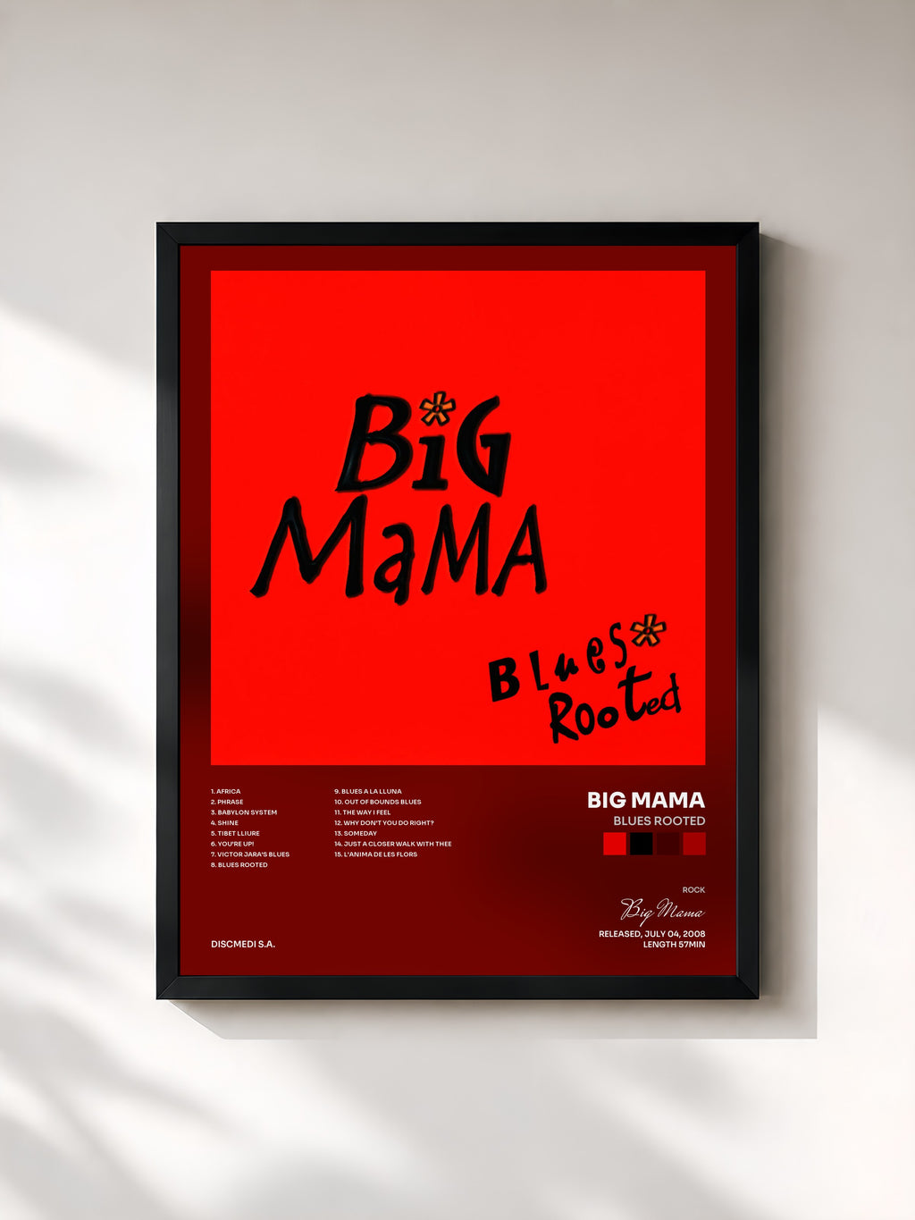 #noir Tableau de l'album Blues Rooted de Big Mama, cadre noir, imprimé et encadré en France