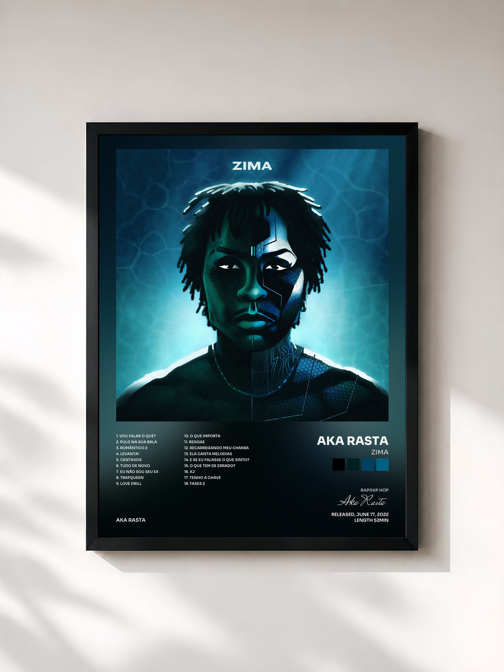 #noir Tableau de l'album ZIMA de Aka Rasta, cadre noir, imprimé et encadré en France