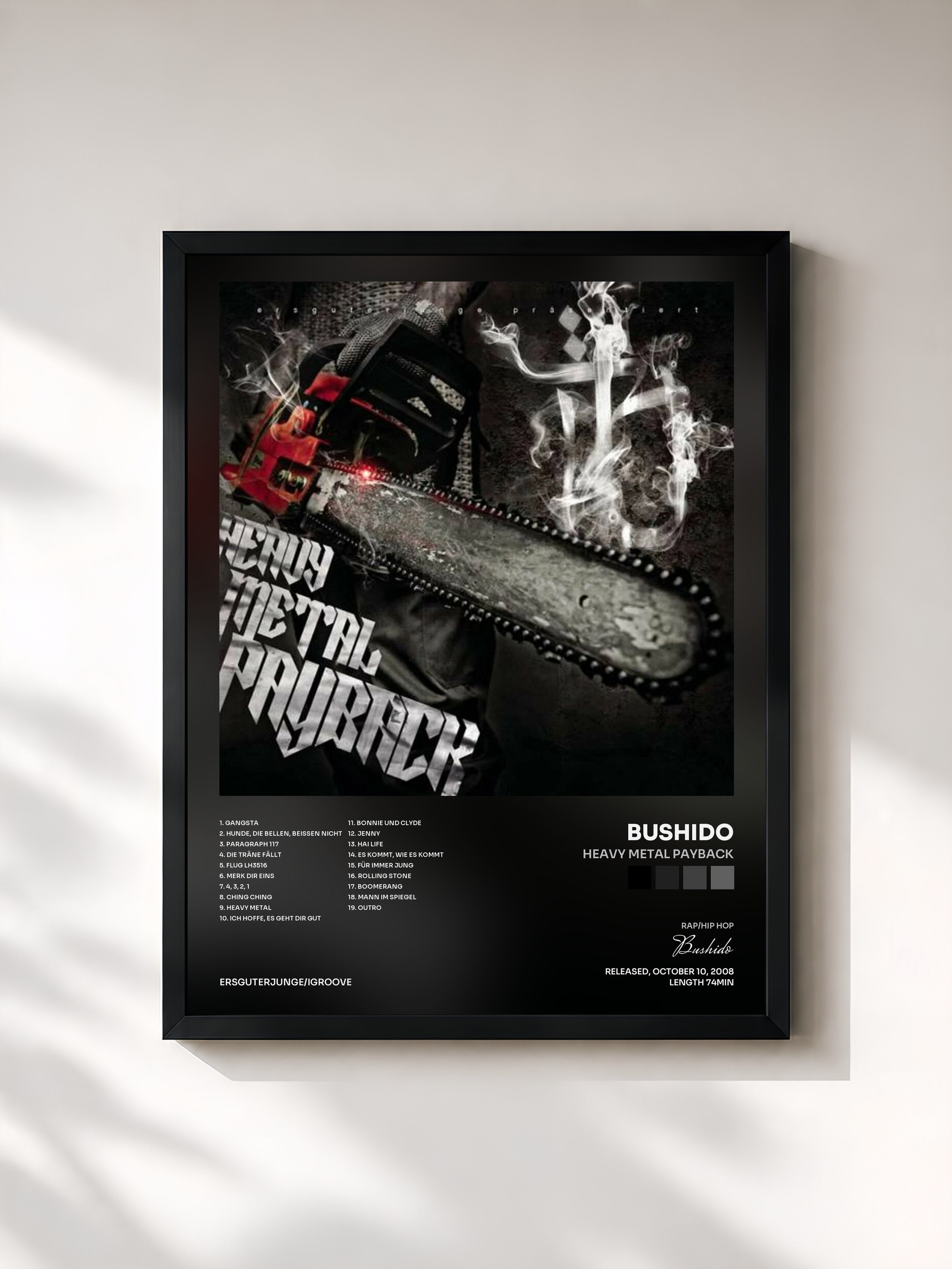 #noir Tableau de l'album Heavy Metal Payback de Bushido, cadre noir, imprimé et encadré en France