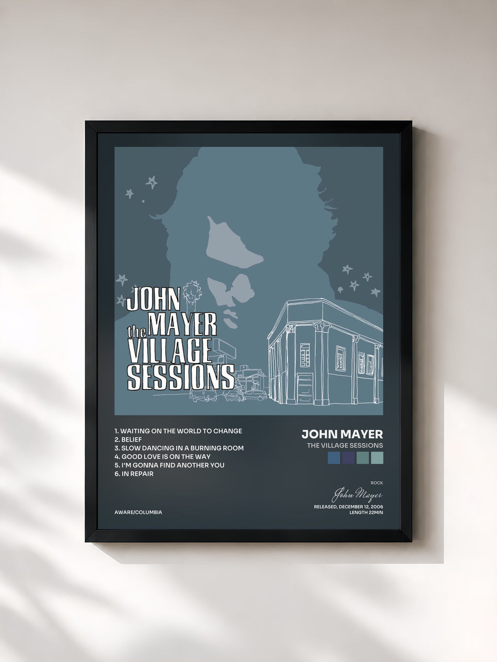#noir Tableau de l'album The Village Sessions de John Mayer, cadre noir, imprimé et encadré en France