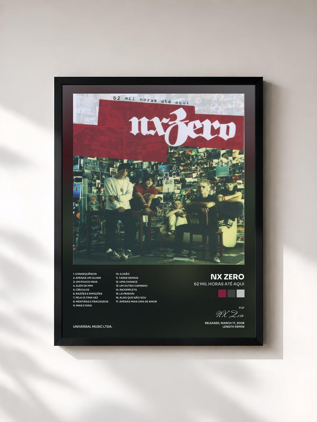 #noir Tableau de l'album 62 Mil Horas Até Aqui de NX Zero, cadre noir, imprimé et encadré en France