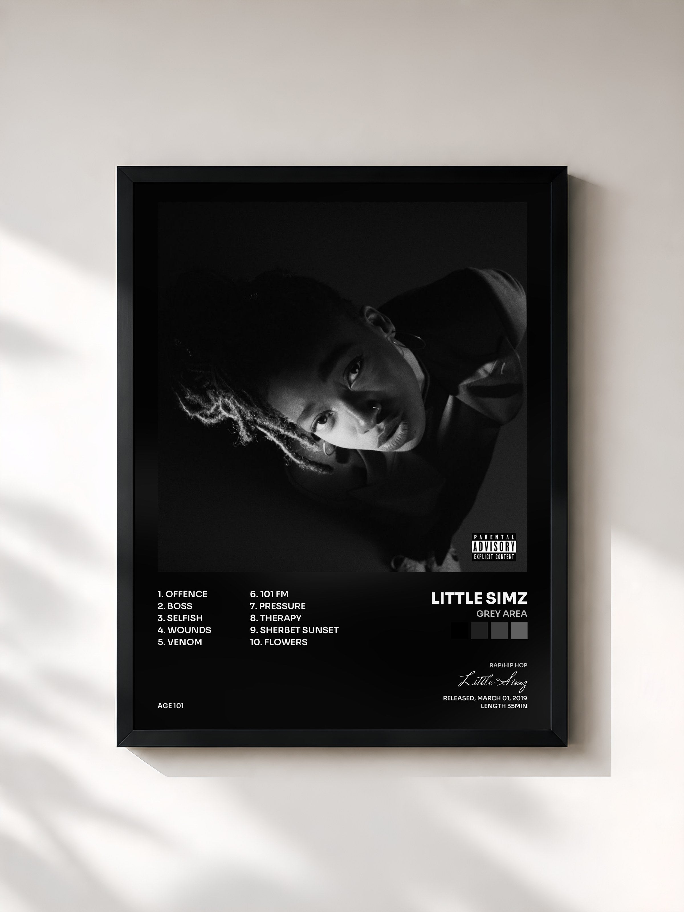 #noir Tableau de l'album GREY Area de Little Simz, cadre noir, imprimé et encadré en France