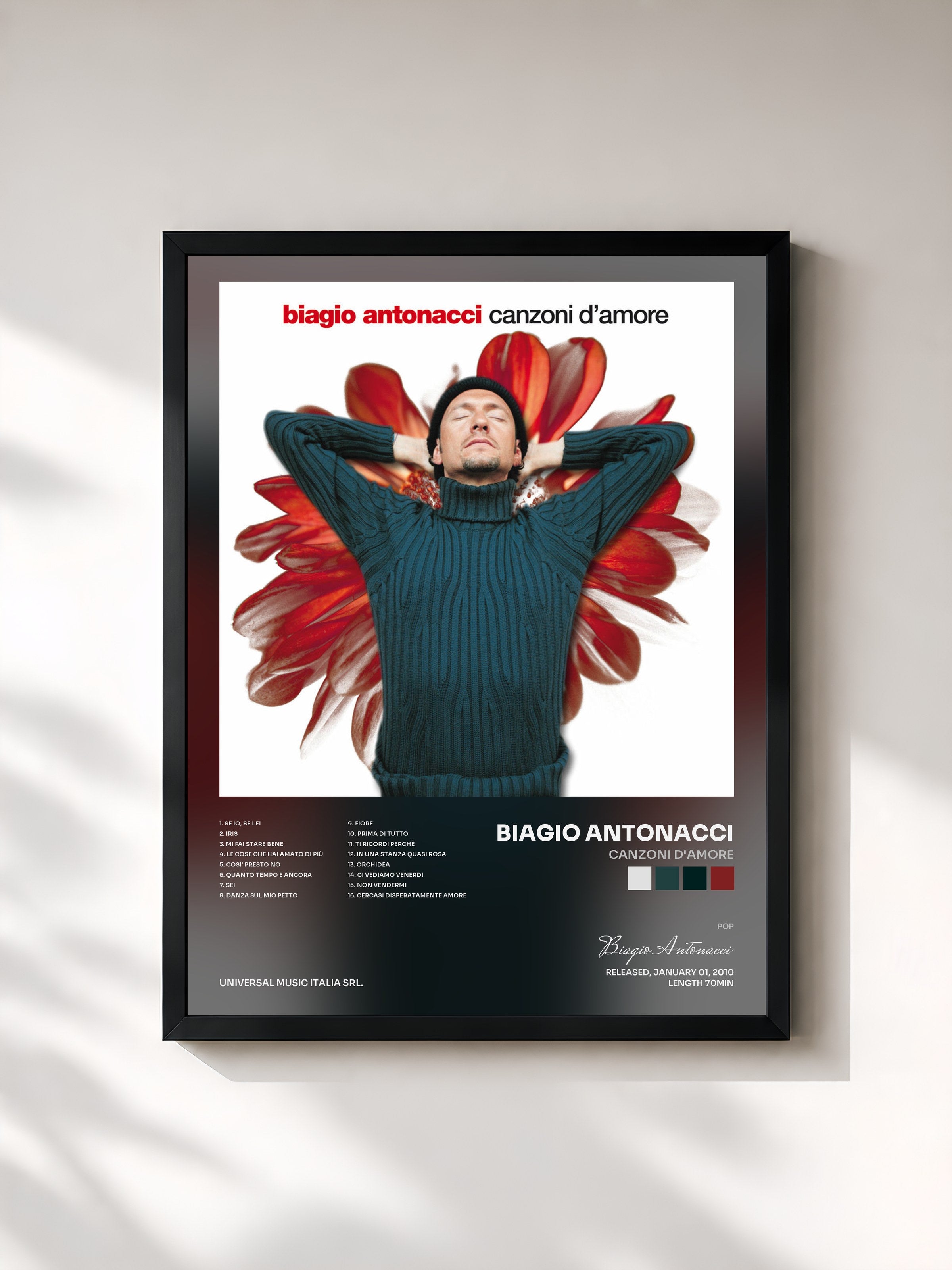 #noir Tableau de l'album Canzoni D'Amore de Biagio Antonacci, cadre noir, imprimé et encadré en France