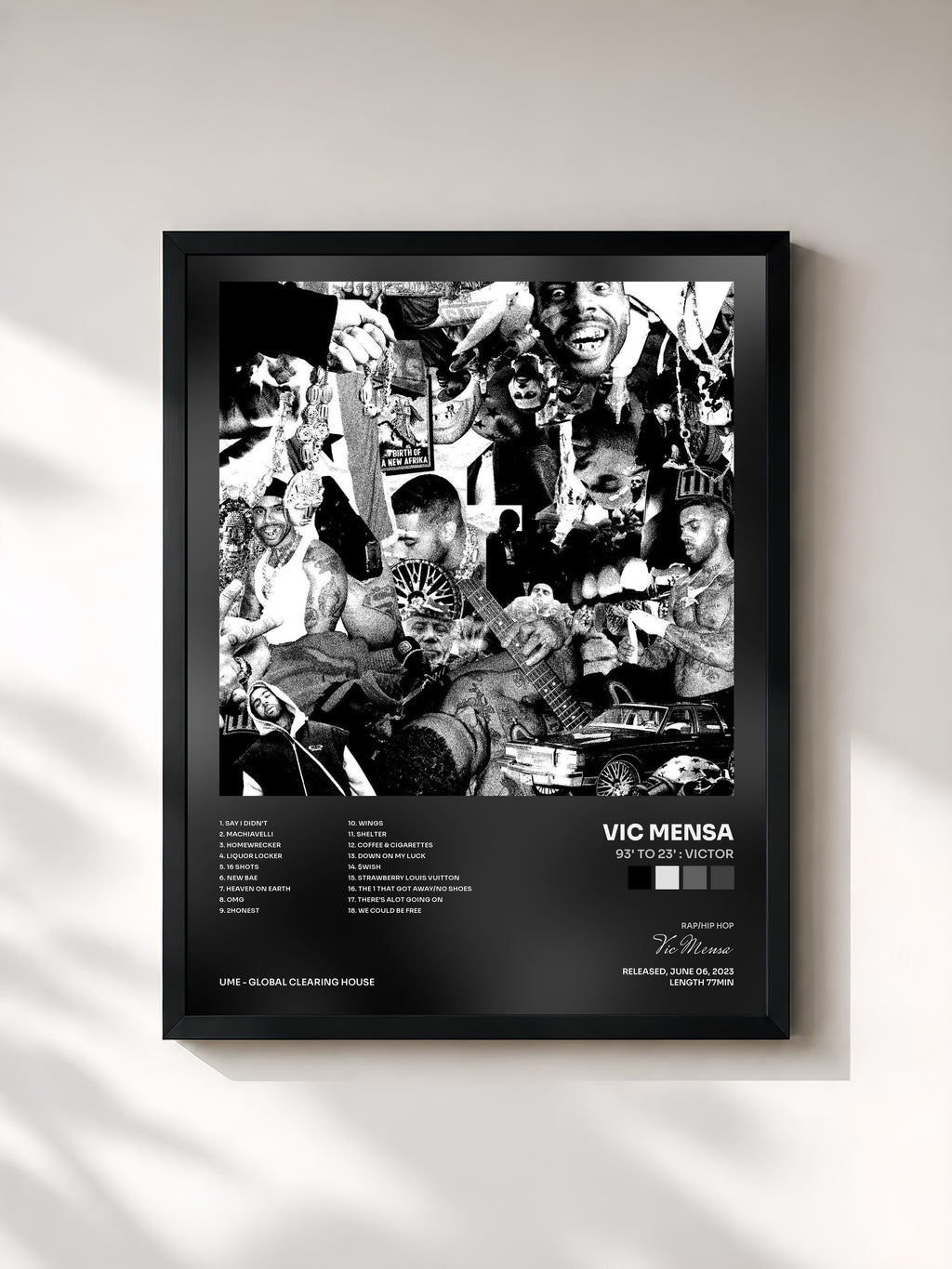 #noir Tableau de l'album 93' to 23' : VICTOR de Vic Mensa, cadre noir, imprimé et encadré en France
