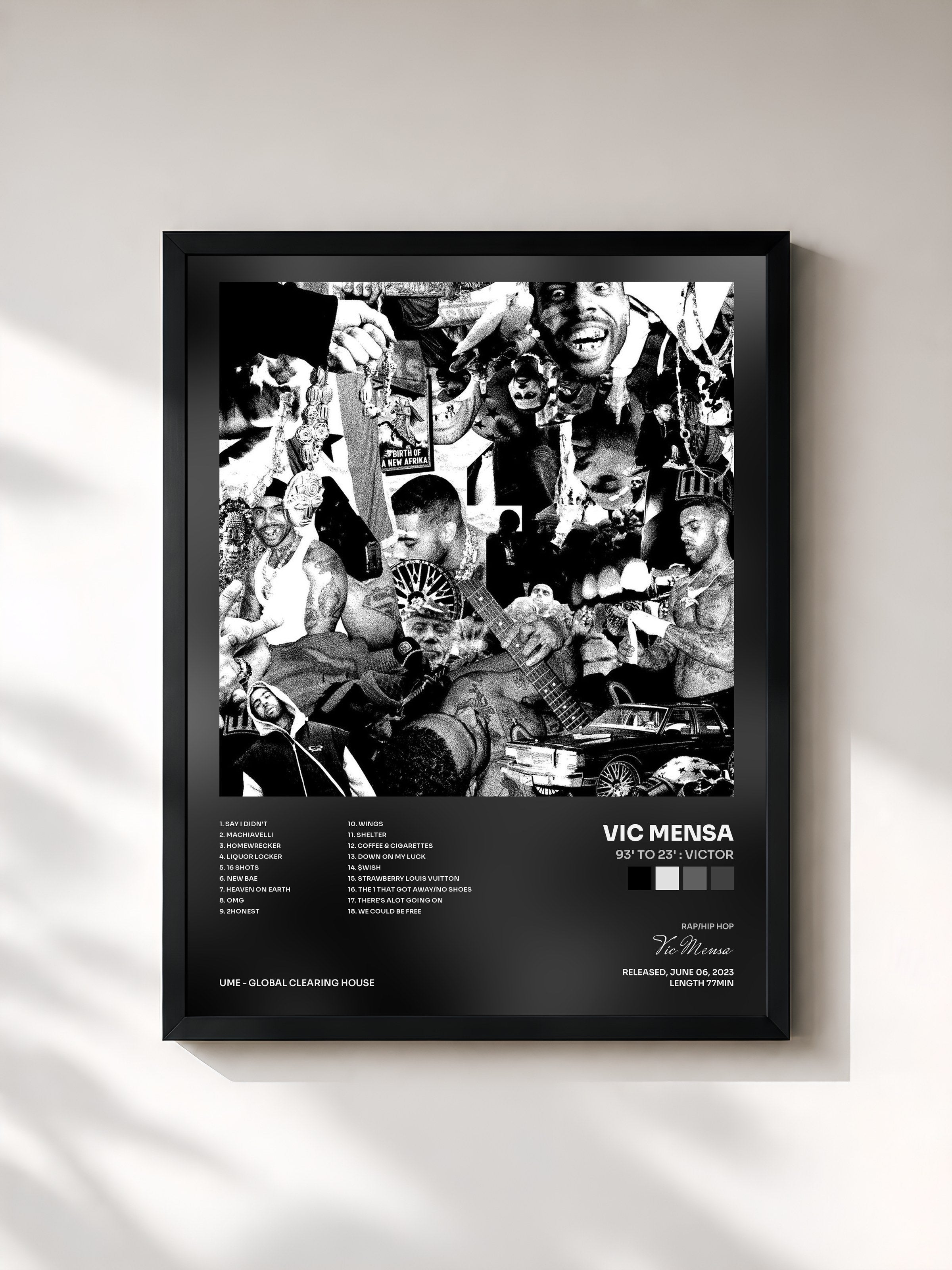 #noir Tableau de l'album 93' to 23' : VICTOR de Vic Mensa, cadre noir, imprimé et encadré en France