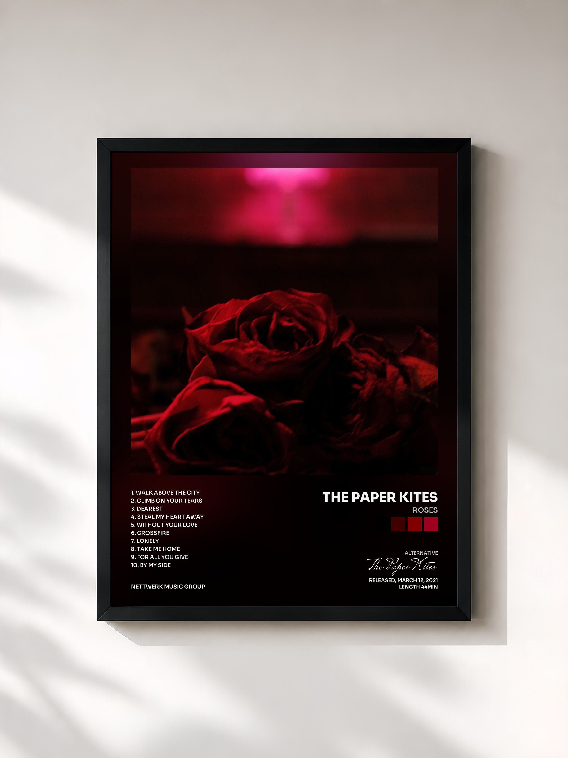 #noir Tableau de l'album Roses de The Paper Kites, cadre noir, imprimé et encadré en France