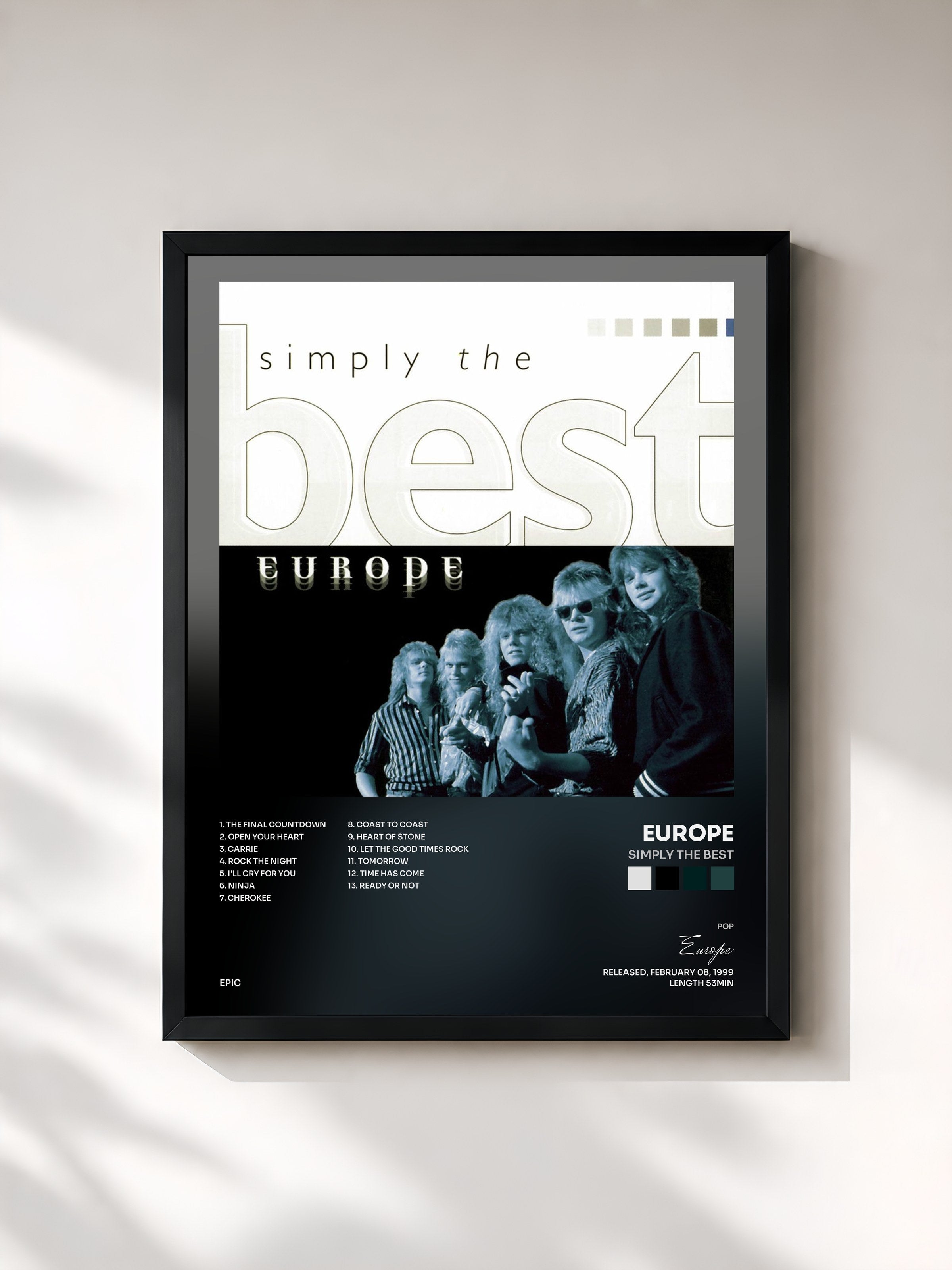 #noir Tableau de l'album Simply The Best de Europe, cadre noir, imprimé et encadré en France