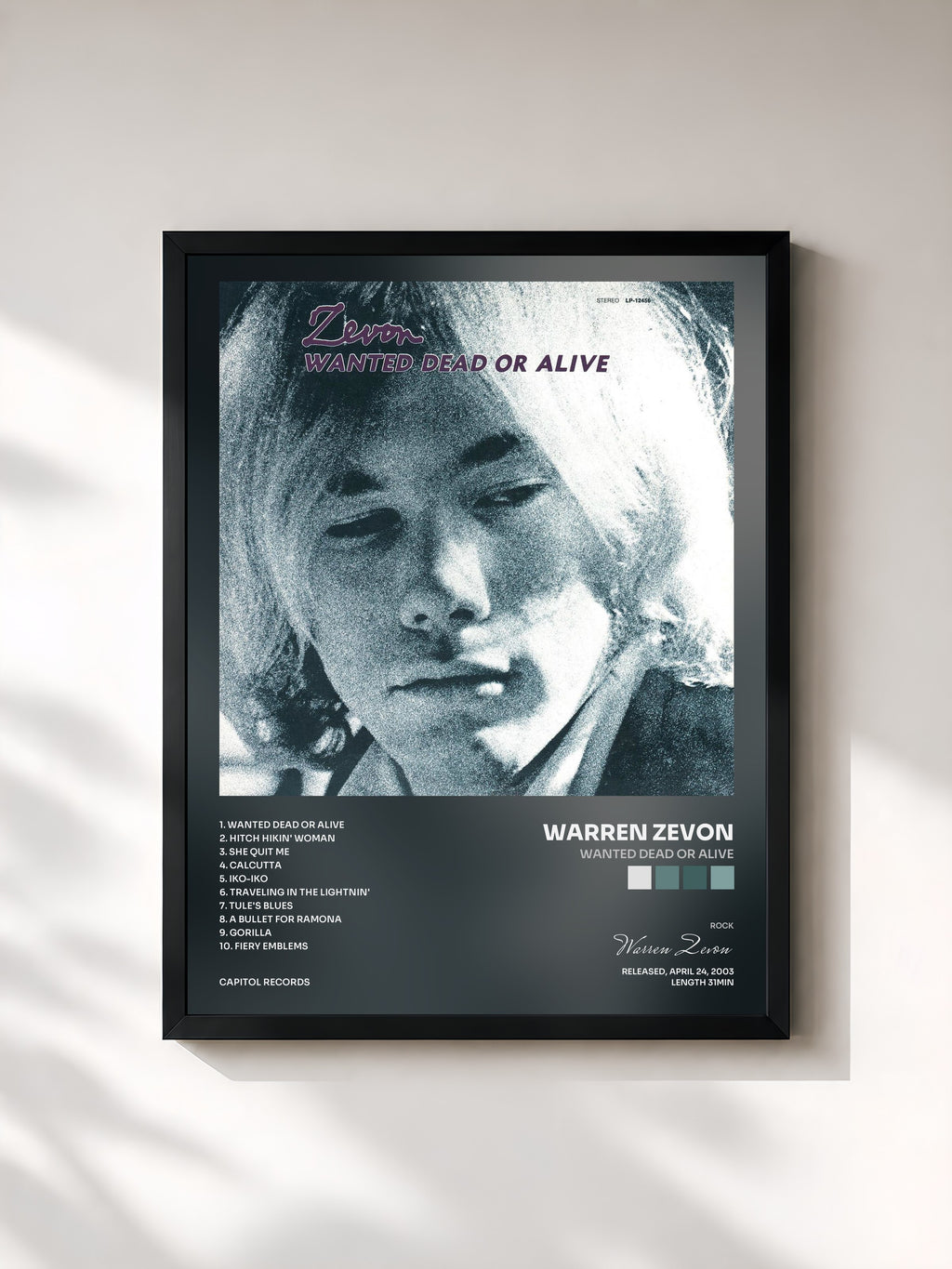 #noir Tableau de l'album Wanted Dead Or Alive de Warren Zevon, cadre noir, imprimé et encadré en France
