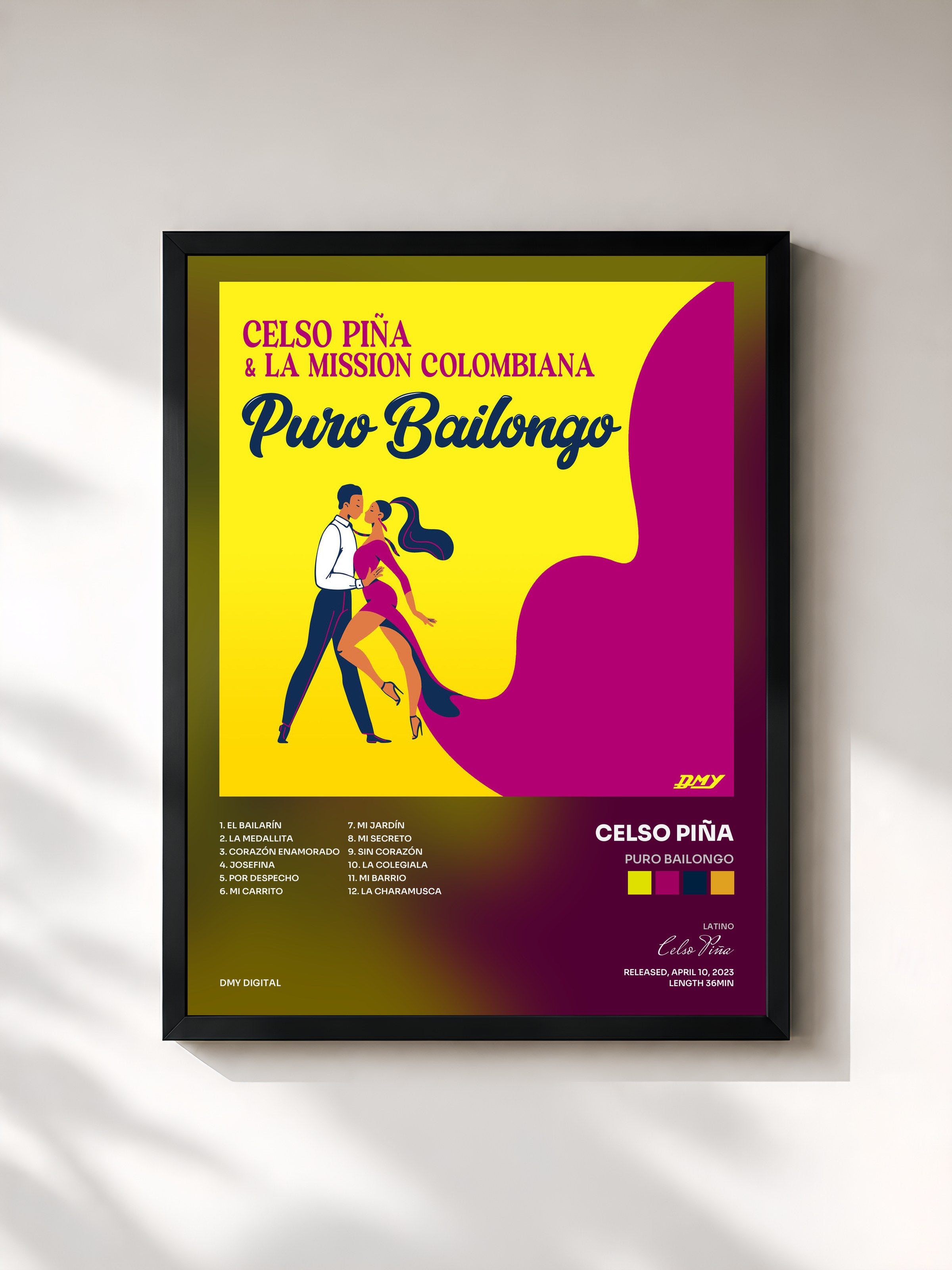 #noir Tableau de l'album Puro Bailongo de Celso Piña, cadre noir, imprimé et encadré en France