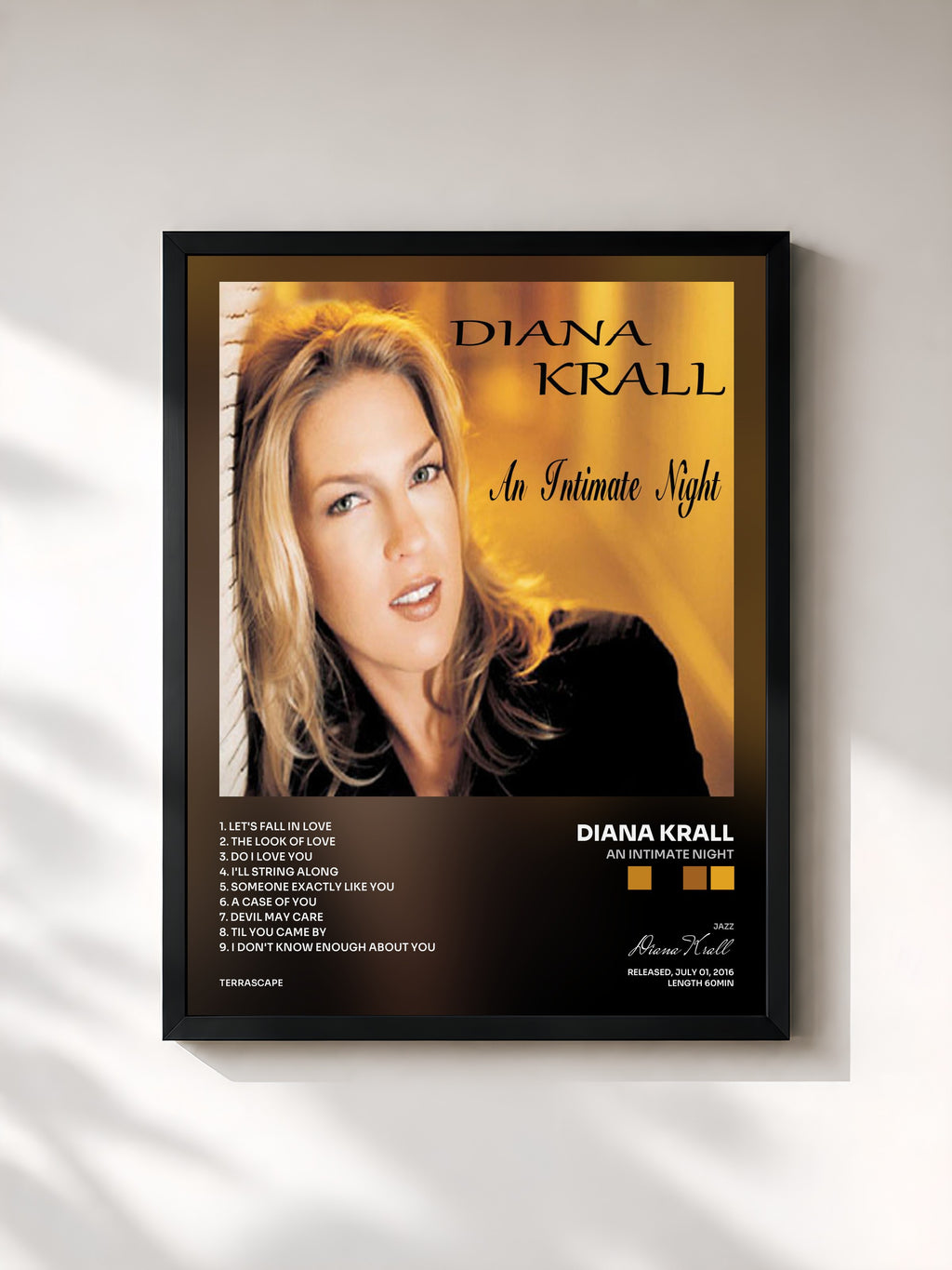 #noir Tableau de l'album An Intimate Night de Diana Krall, cadre noir, imprimé et encadré en France