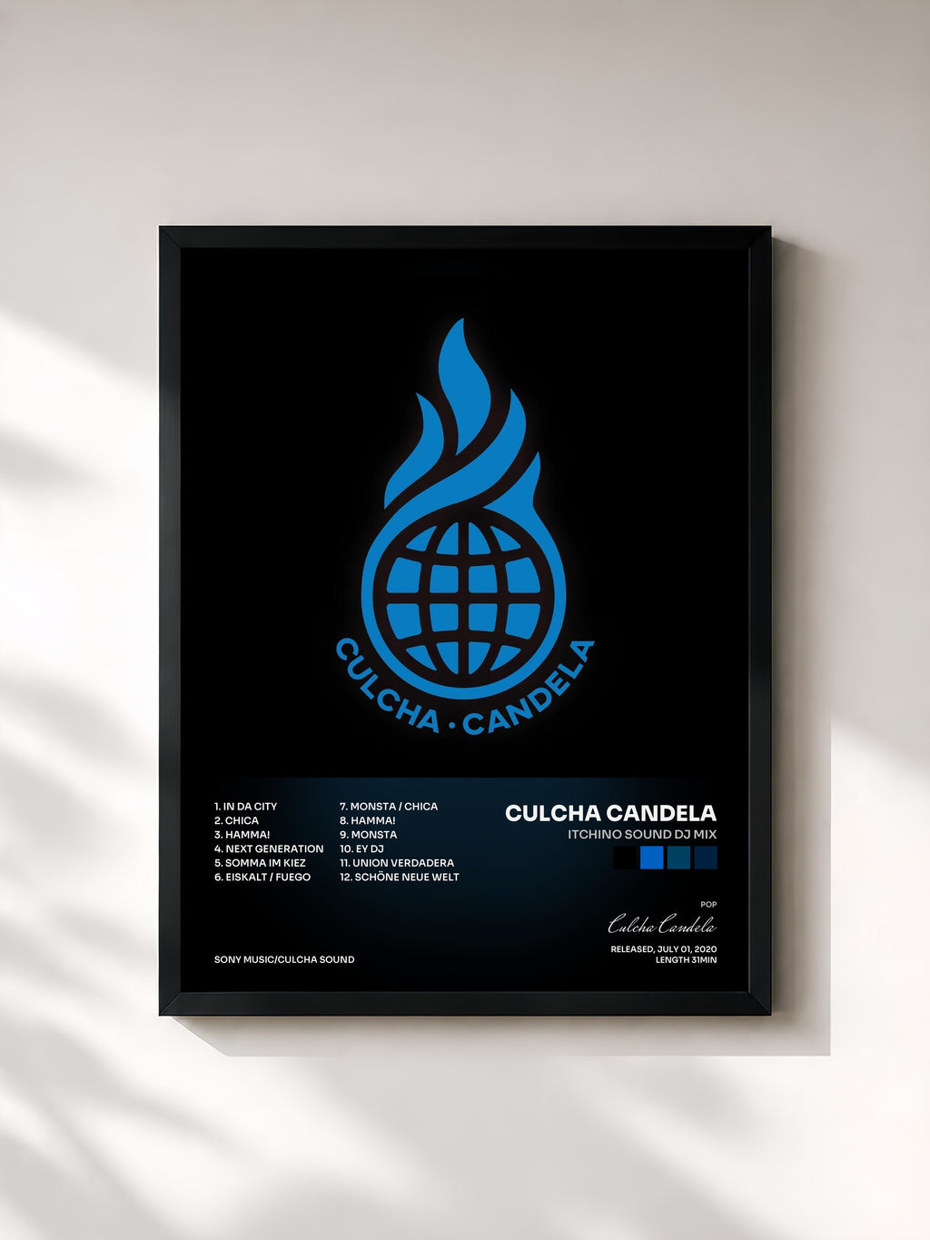 #noir Tableau de l'album Itchino Sound DJ Mix de Culcha Candela, cadre noir, imprimé et encadré en France