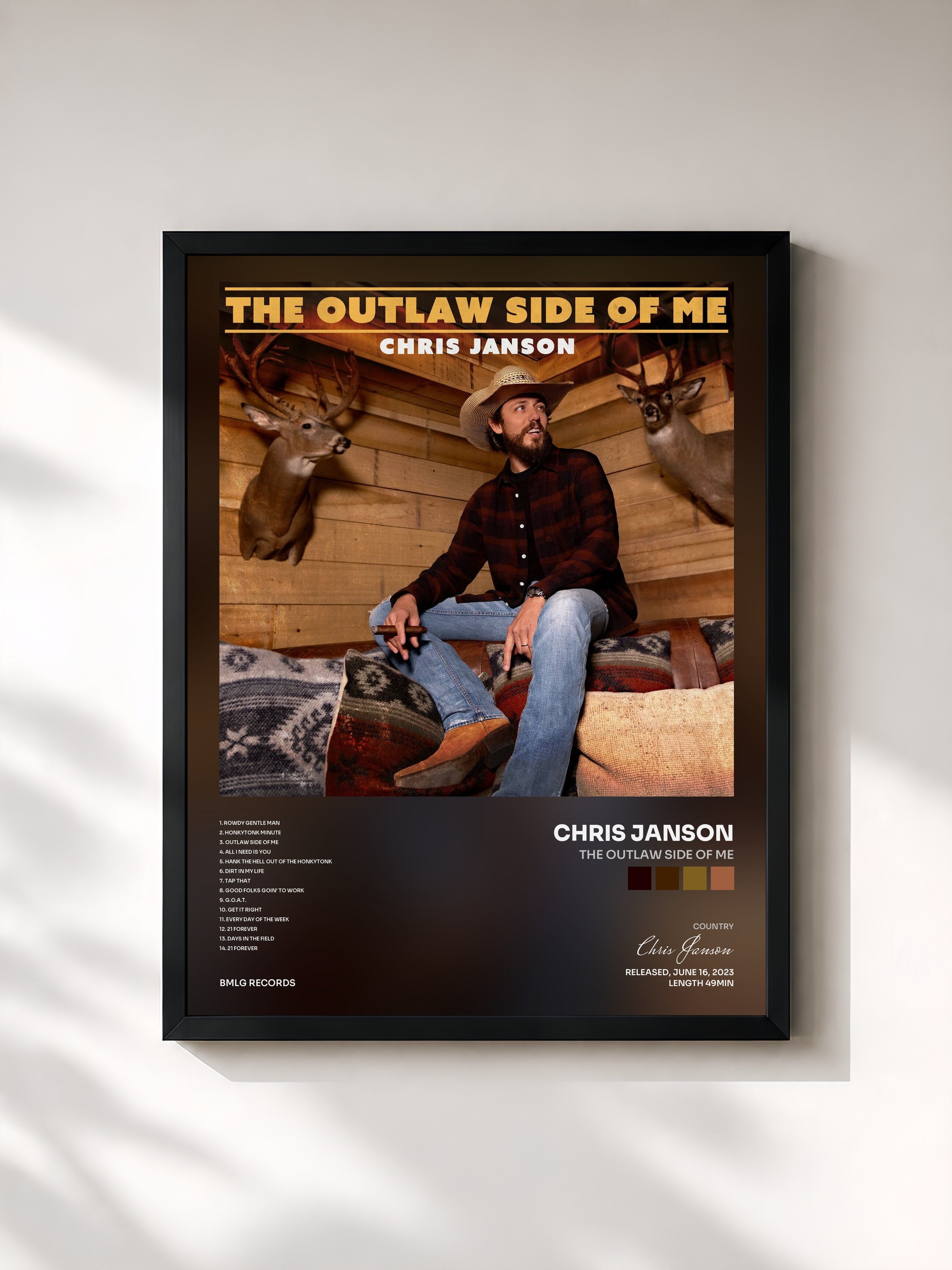 #noir Tableau de l'album The Outlaw Side Of Me de Chris Janson, cadre noir, imprimé et encadré en France