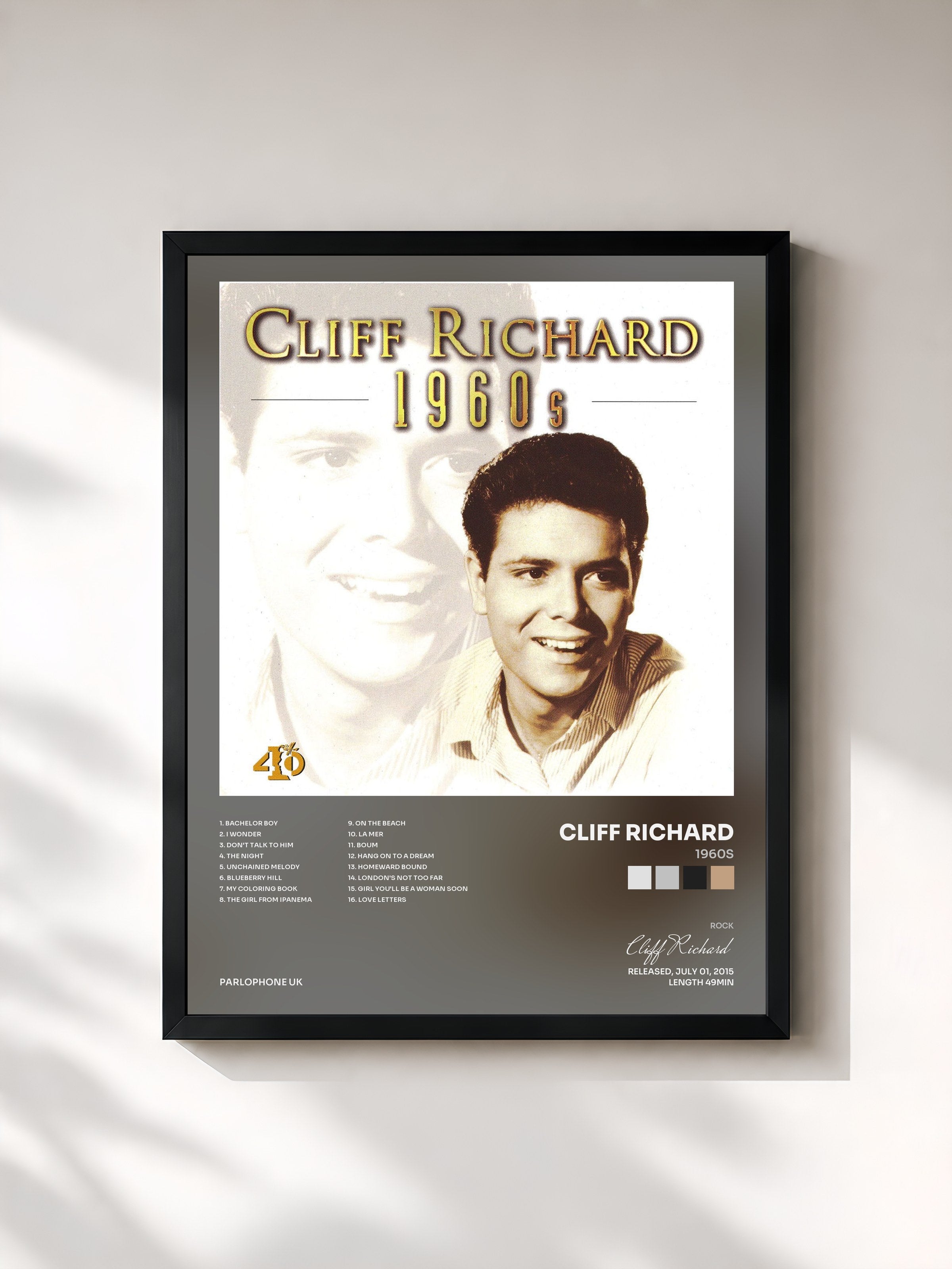 #noir Tableau de l'album 1960s de Cliff Richard, cadre noir, imprimé et encadré en France