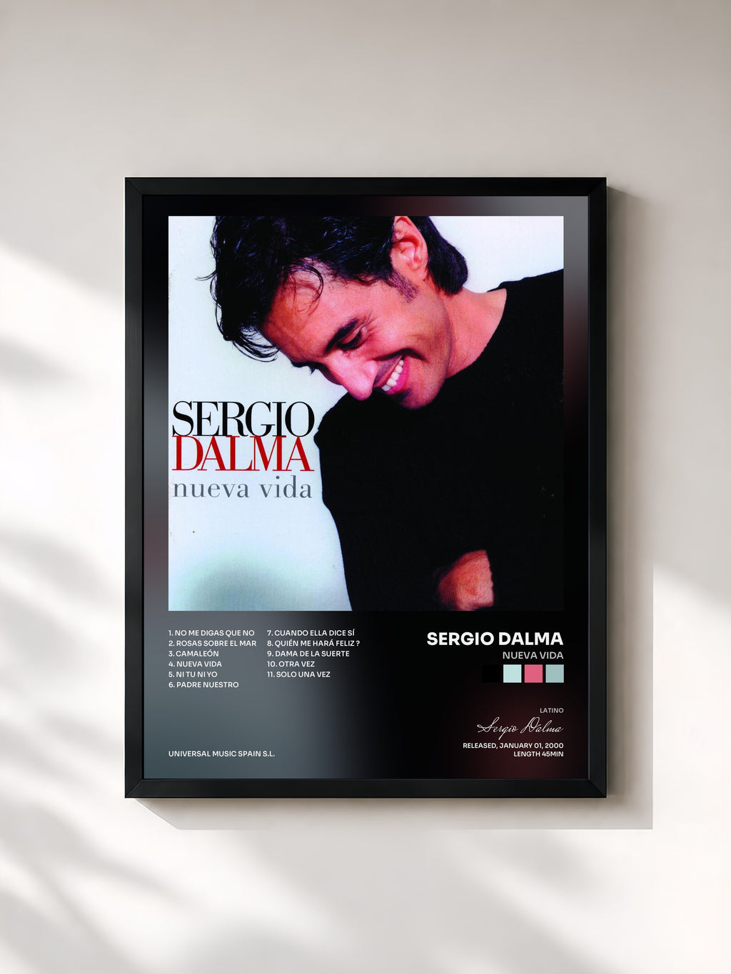 #noir Tableau de l'album Nueva Vida de Sergio Dalma, cadre noir, imprimé et encadré en France