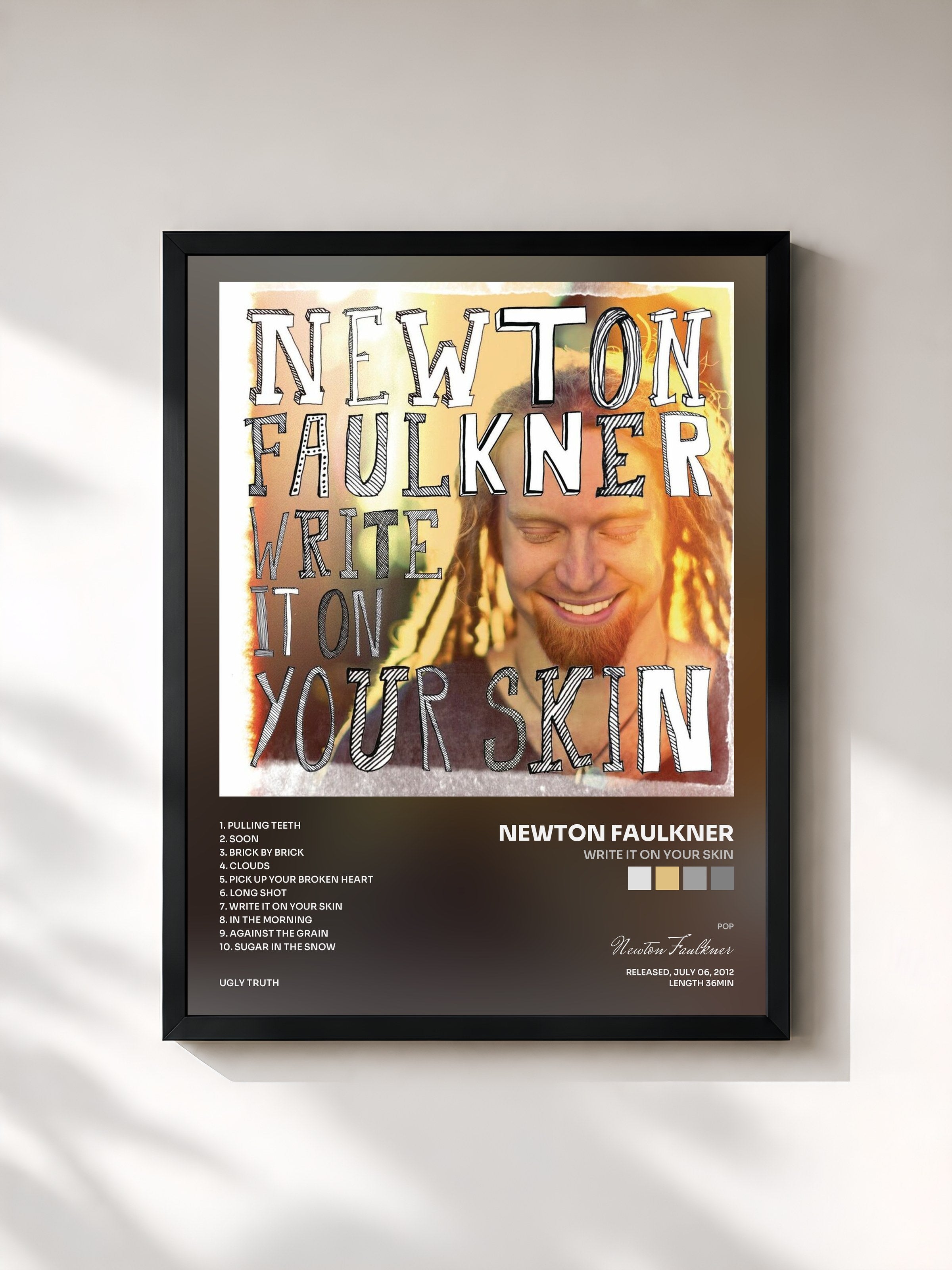 #noir Tableau de l'album Write It On Your Skin de Newton Faulkner, cadre noir, imprimé et encadré en France