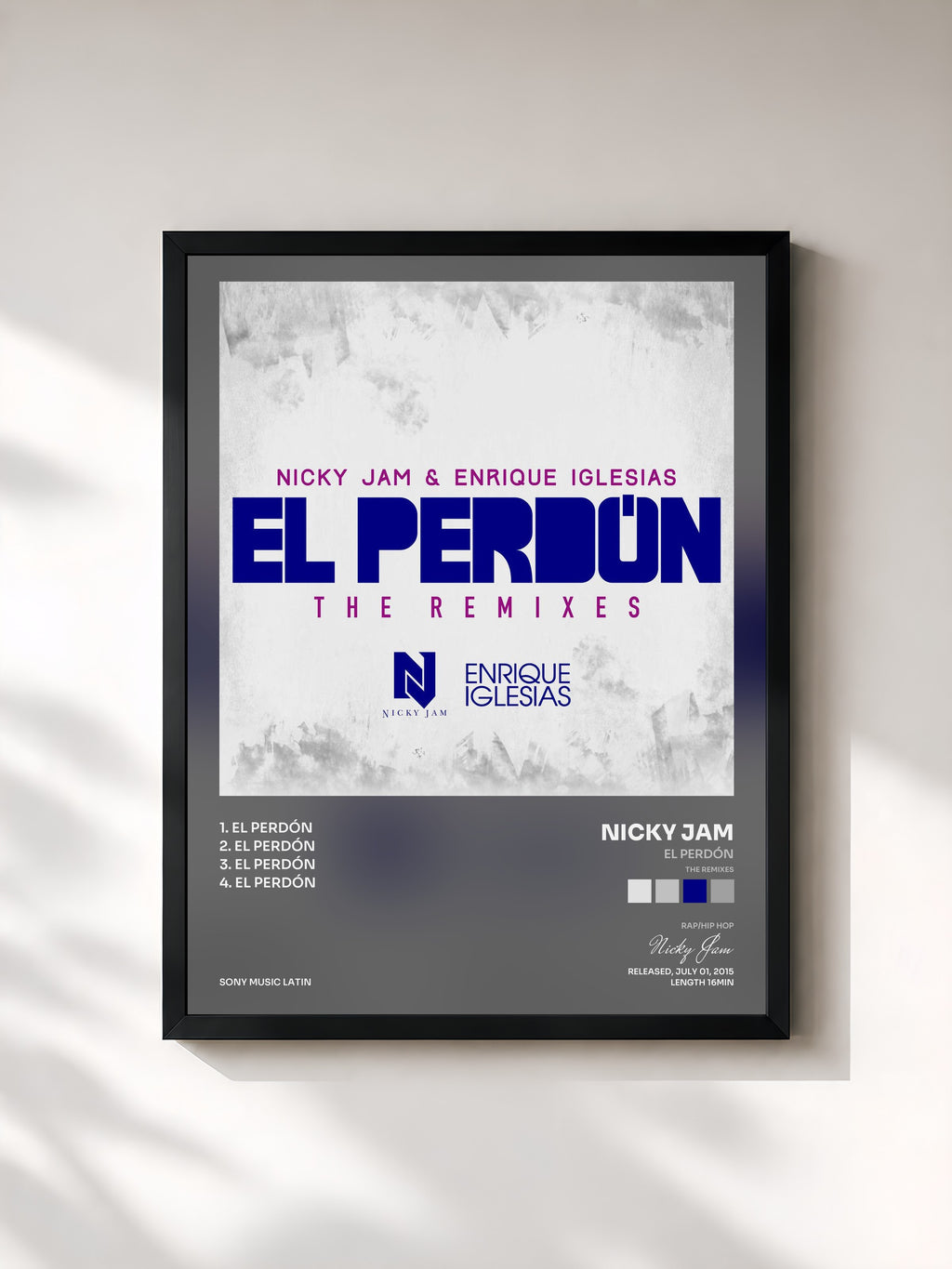 #noir Tableau de l'album El Perdón (The Remixes) de Nicky Jam, cadre noir, imprimé et encadré en France