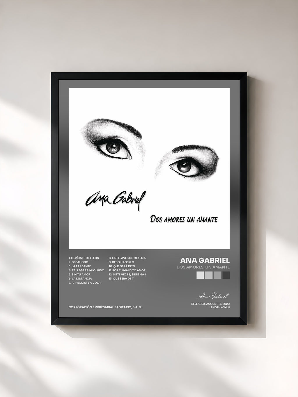 #noir Tableau de l'album Dos Amores, un Amante de Ana Gabriel, cadre noir, imprimé et encadré en France