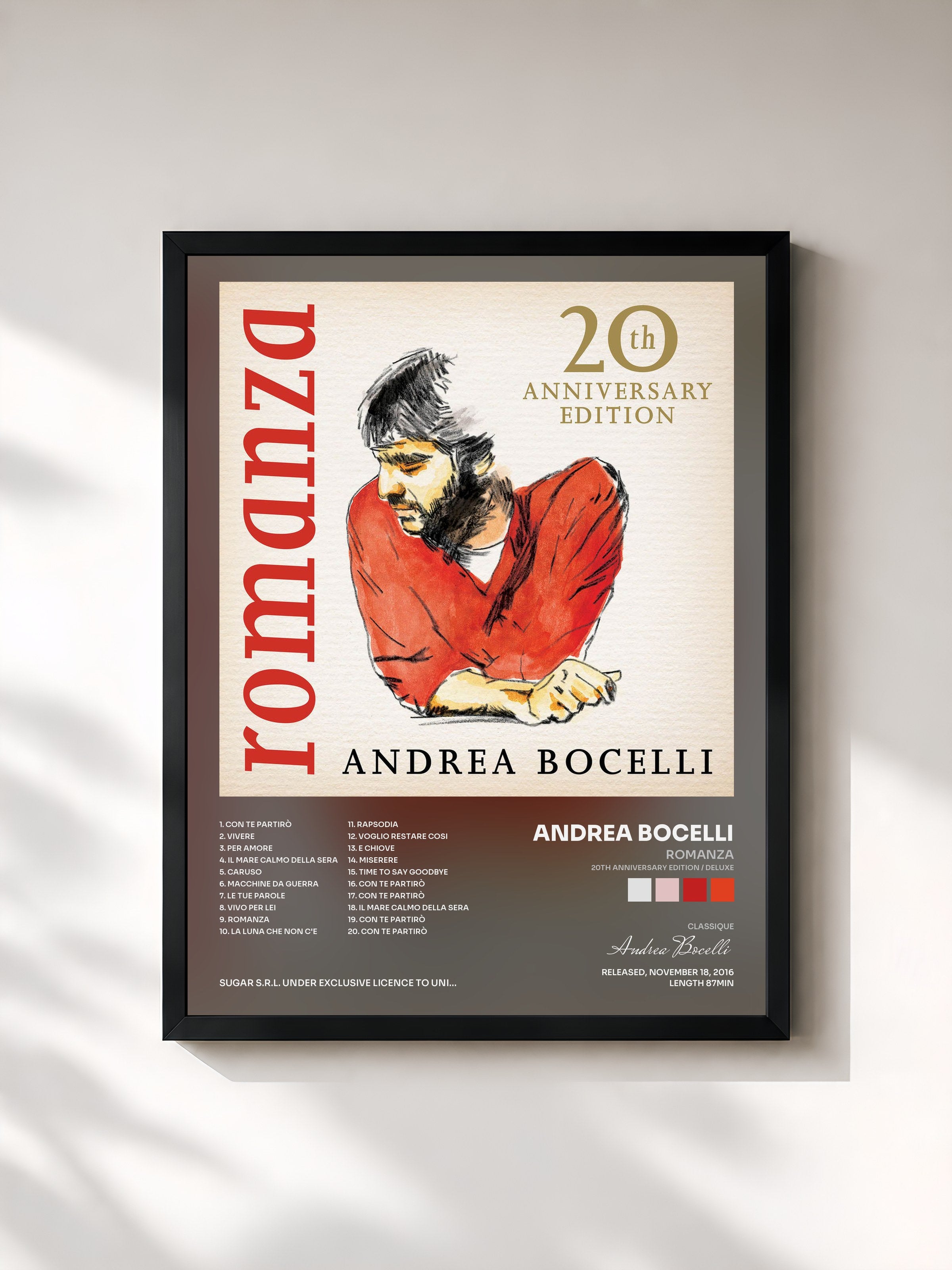 #noir Tableau de l'album Romanza (20th Anniversary Edition / Deluxe) de Andrea Bocelli, cadre noir, imprimé et encadré en France