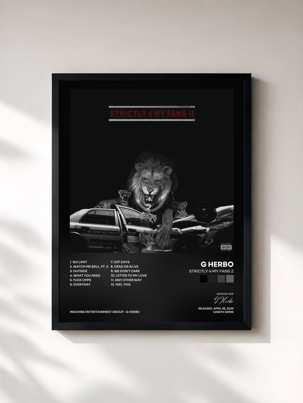 #noir Tableau de l'album Strictly 4 My Fans 2 de G Herbo, cadre noir, imprimé et encadré en France