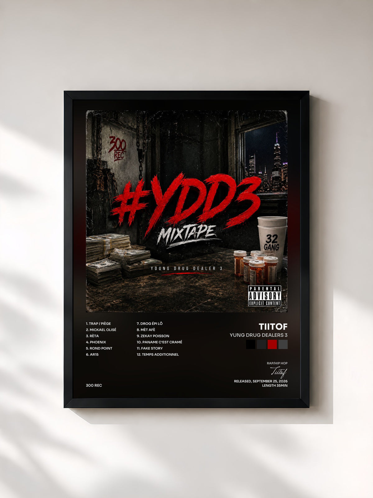 #noir Tableau de l'album Yung Drug Dealers 3 de Tiitof, cadre noir, imprimé et encadré en France