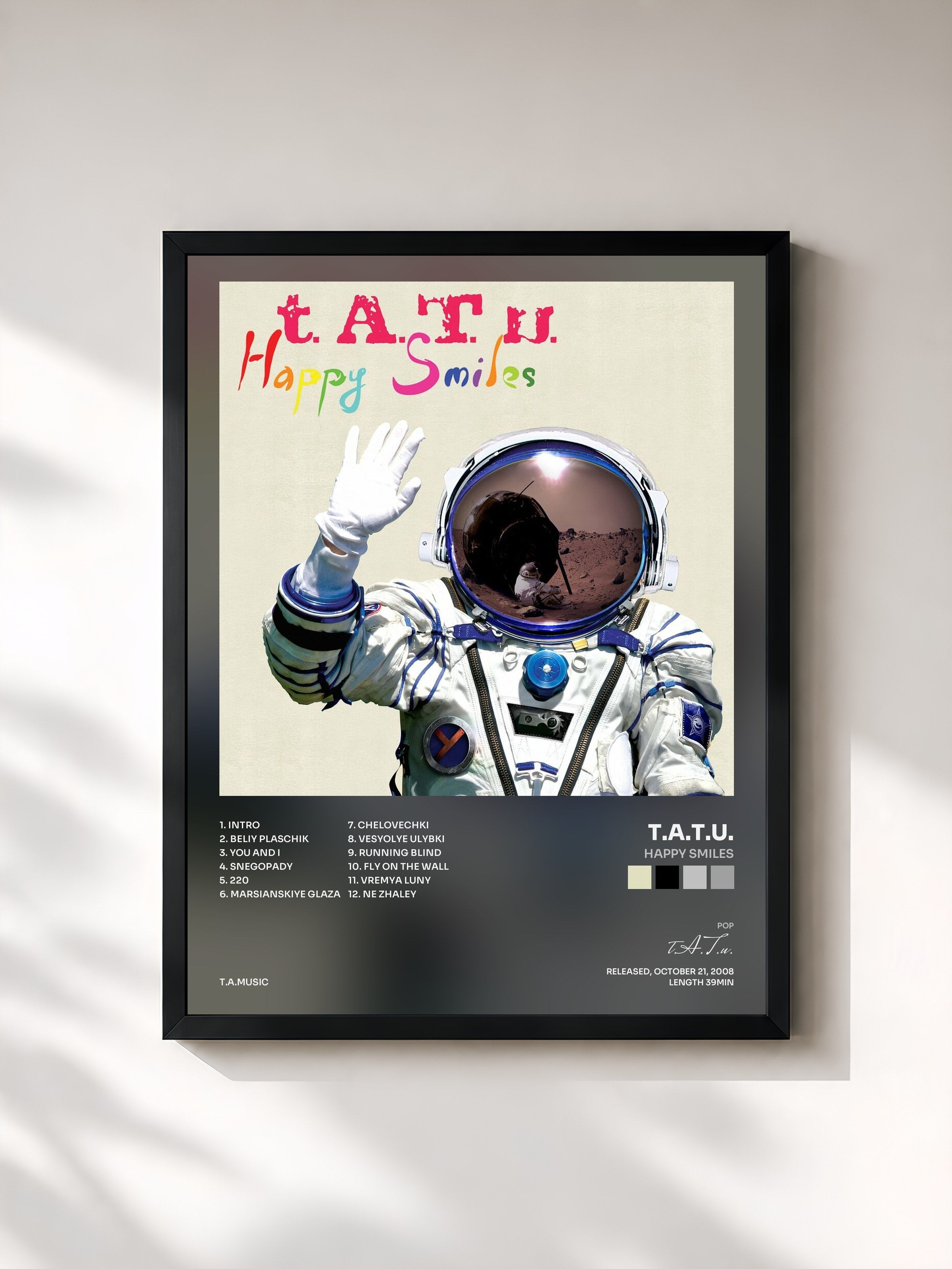 #noir Tableau de l'album Happy Smiles de t.A.T.u., cadre noir, imprimé et encadré en France