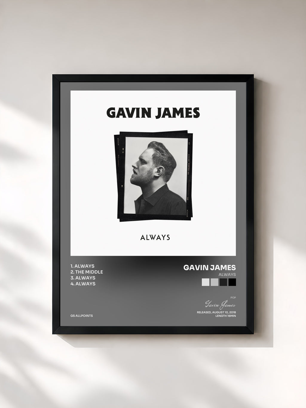 #noir Tableau de l'album Always de Gavin James, cadre noir, imprimé et encadré en France