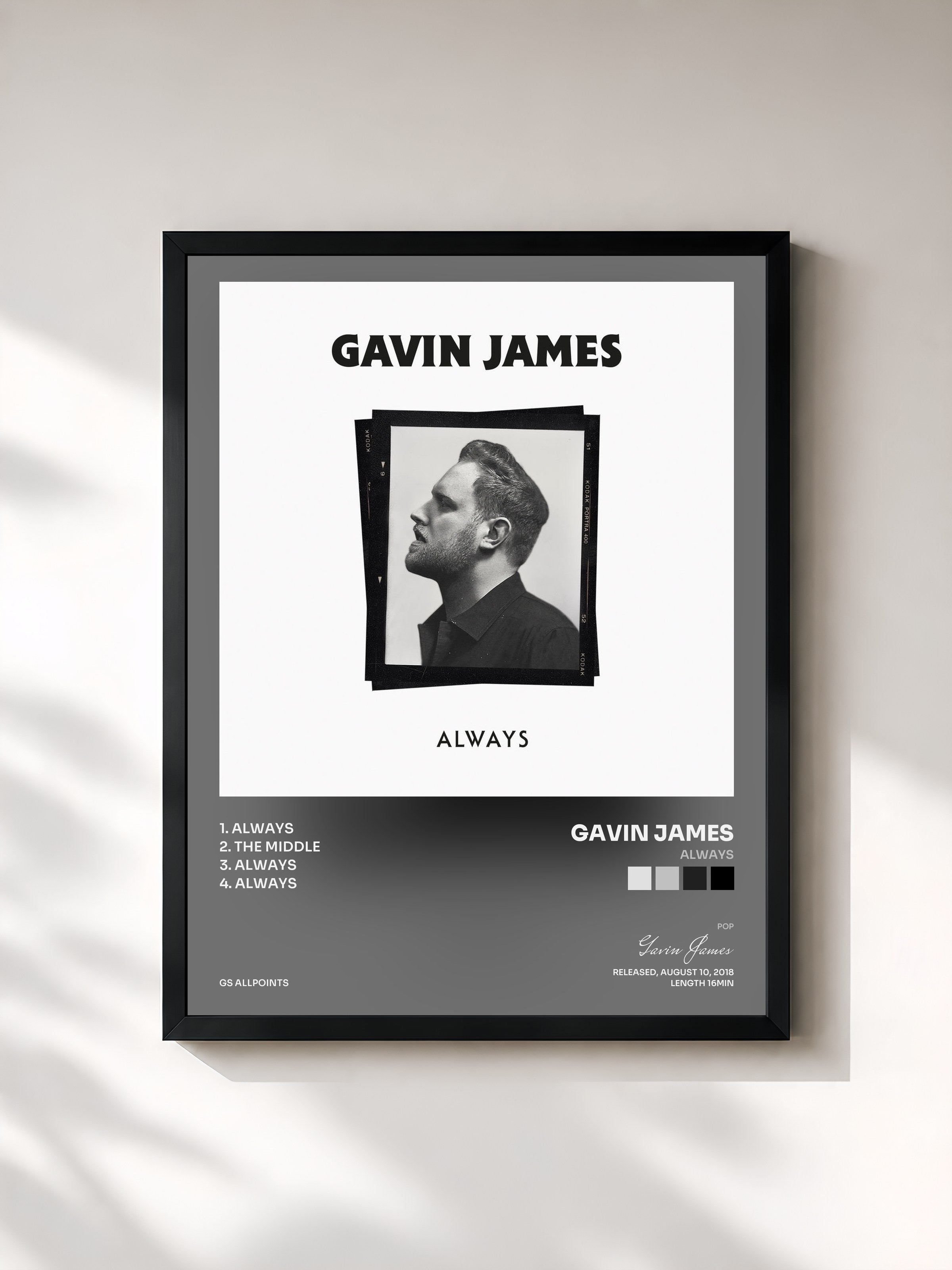 #noir Tableau de l'album Always de Gavin James, cadre noir, imprimé et encadré en France