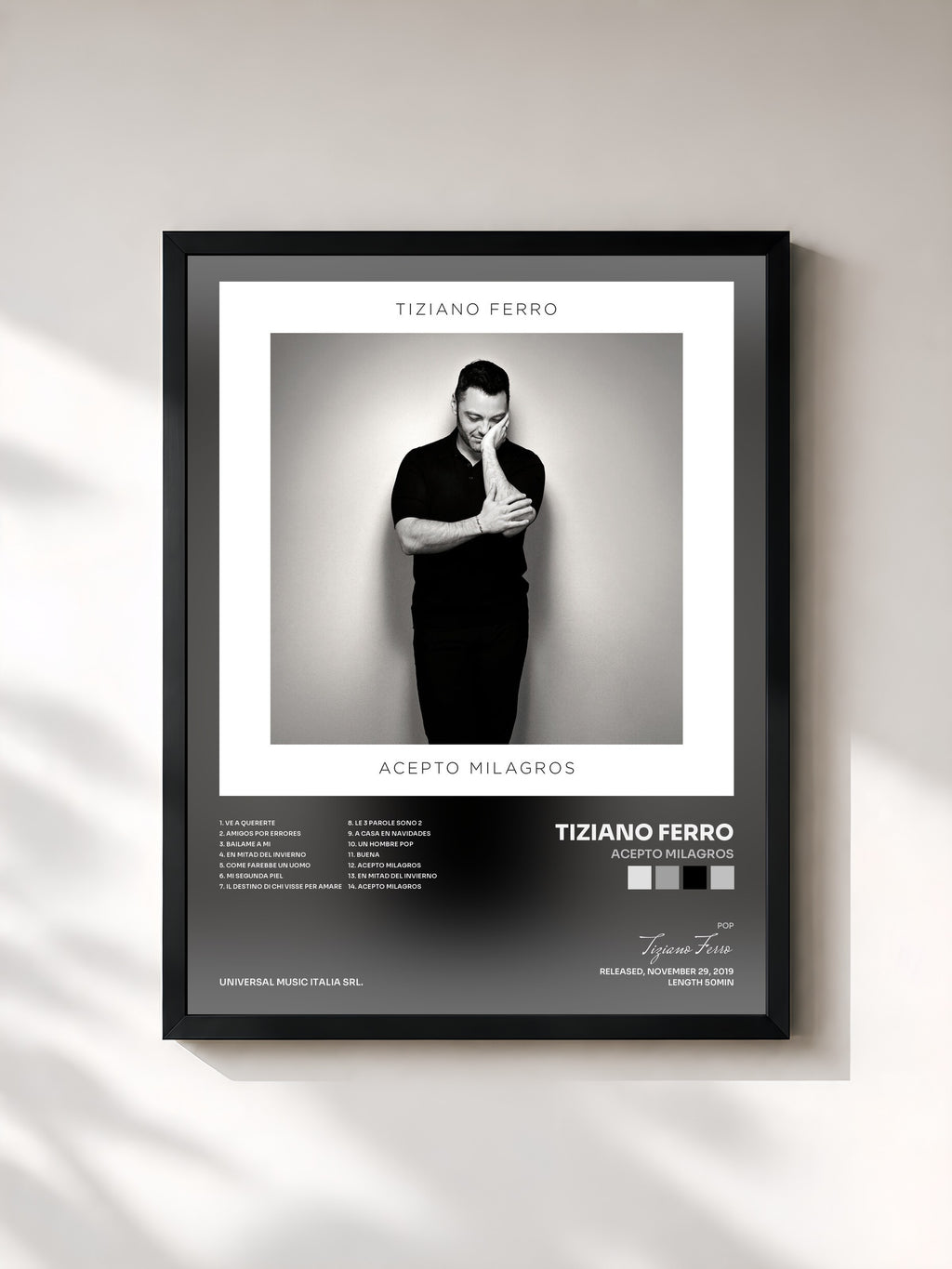 #noir Tableau de l'album Acepto Milagros de Tiziano Ferro, cadre noir, imprimé et encadré en France