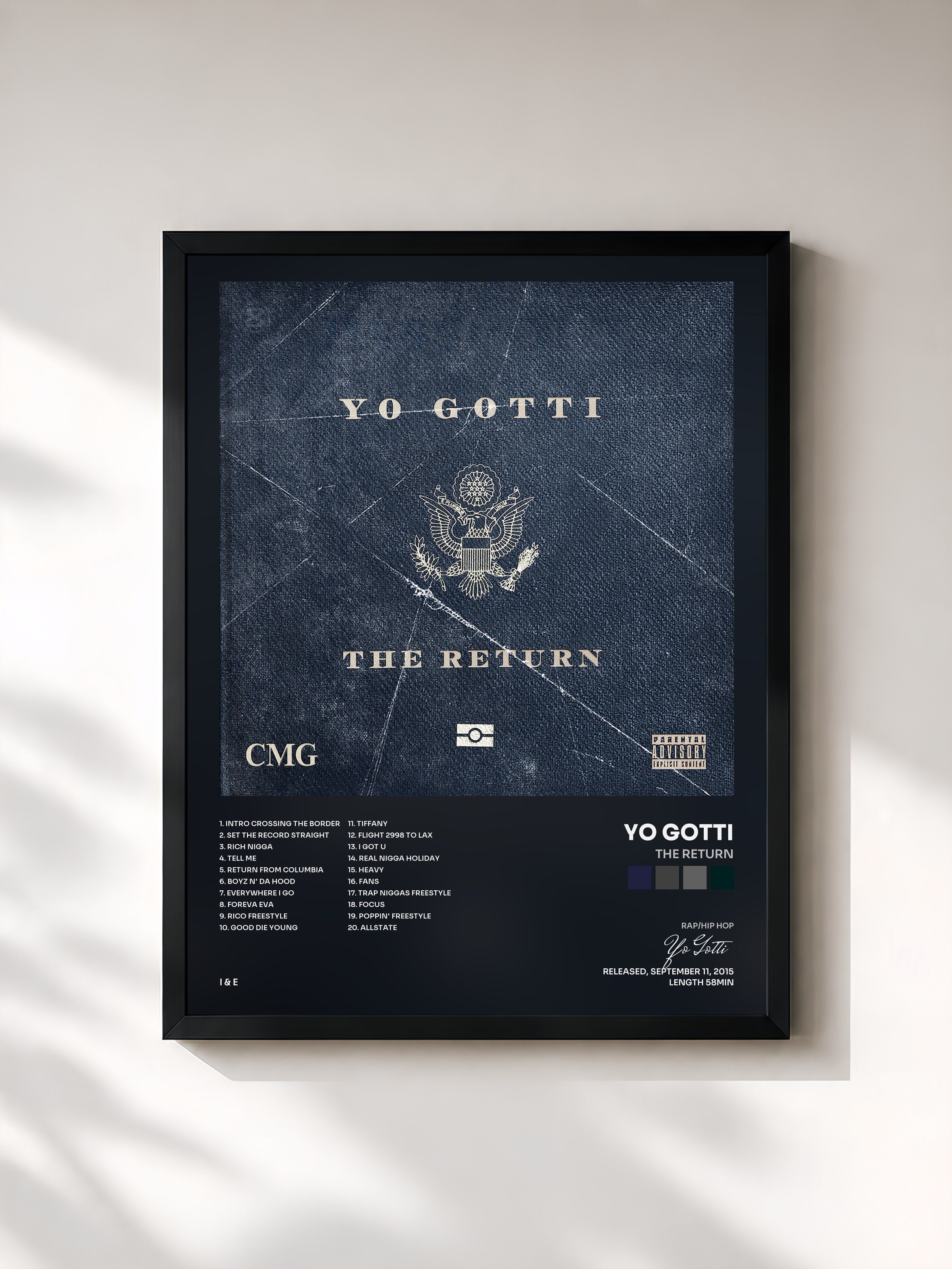 #noir Tableau de l'album The Return de Yo Gotti, cadre noir, imprimé et encadré en France