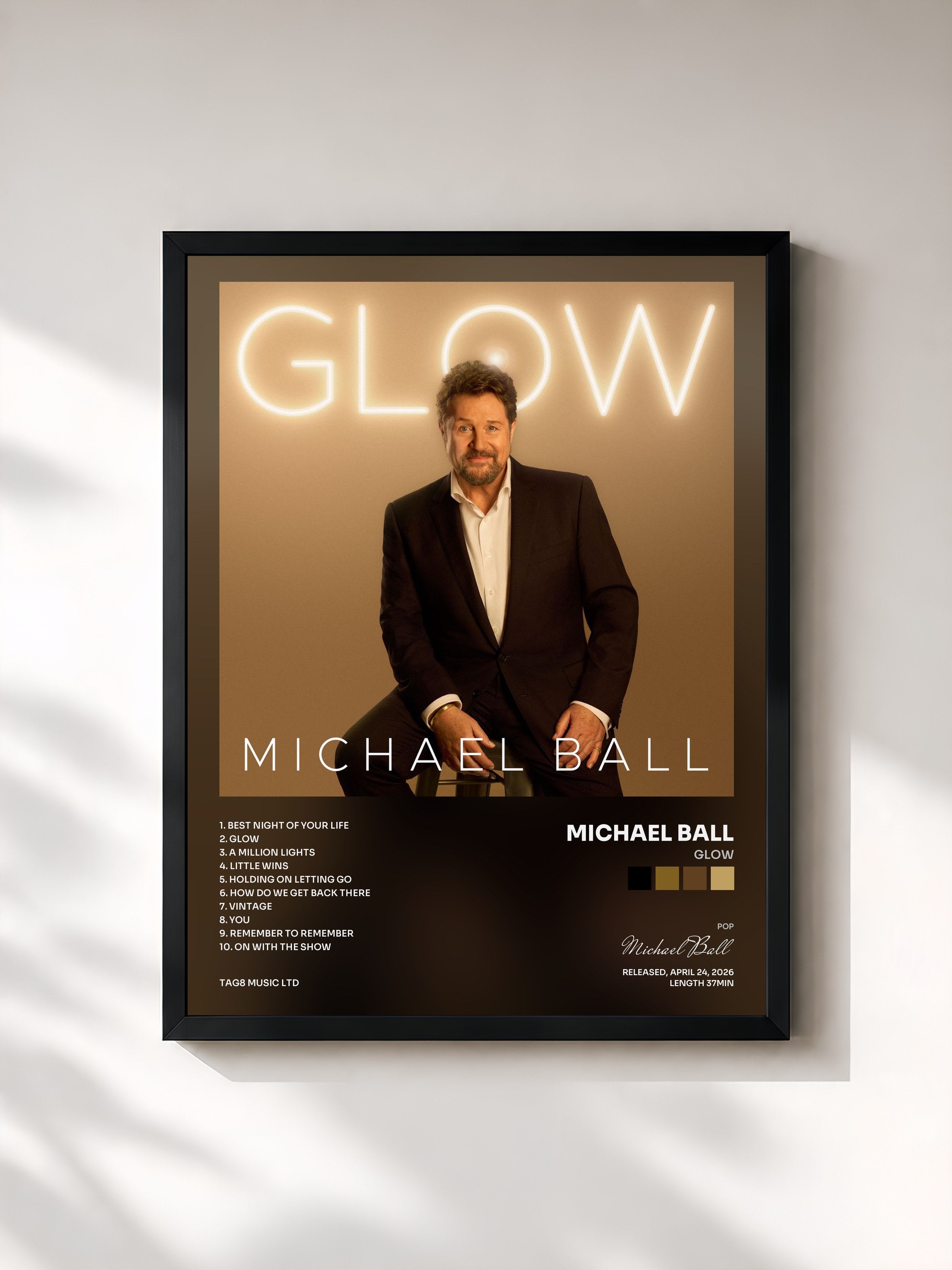 #noir Tableau de l'album Glow de Michael Ball, cadre noir, imprimé et encadré en France