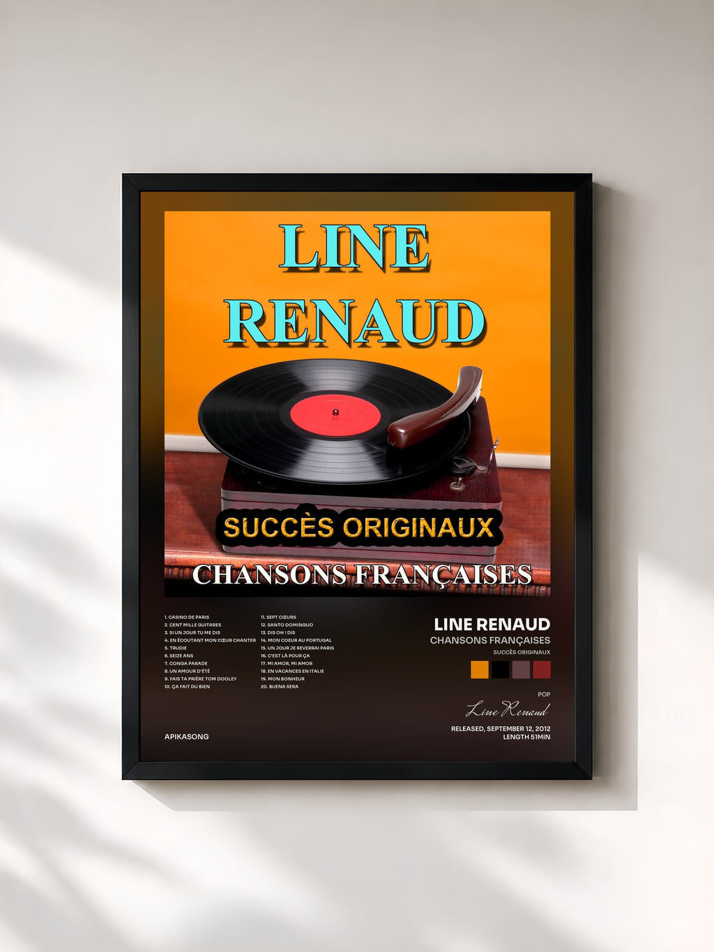 #noir Tableau de l'album Chansons françaises (Succès originaux) de Line Renaud, cadre noir, imprimé et encadré en France