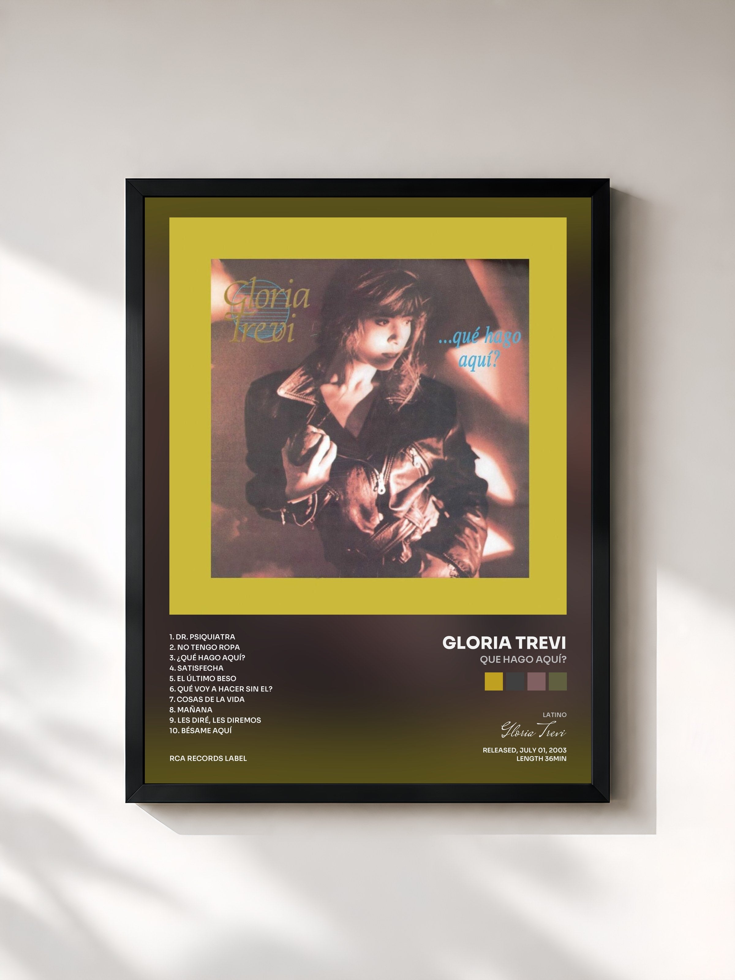 #noir Tableau de l'album Que Hago Aquí? de Gloria Trevi, cadre noir, imprimé et encadré en France