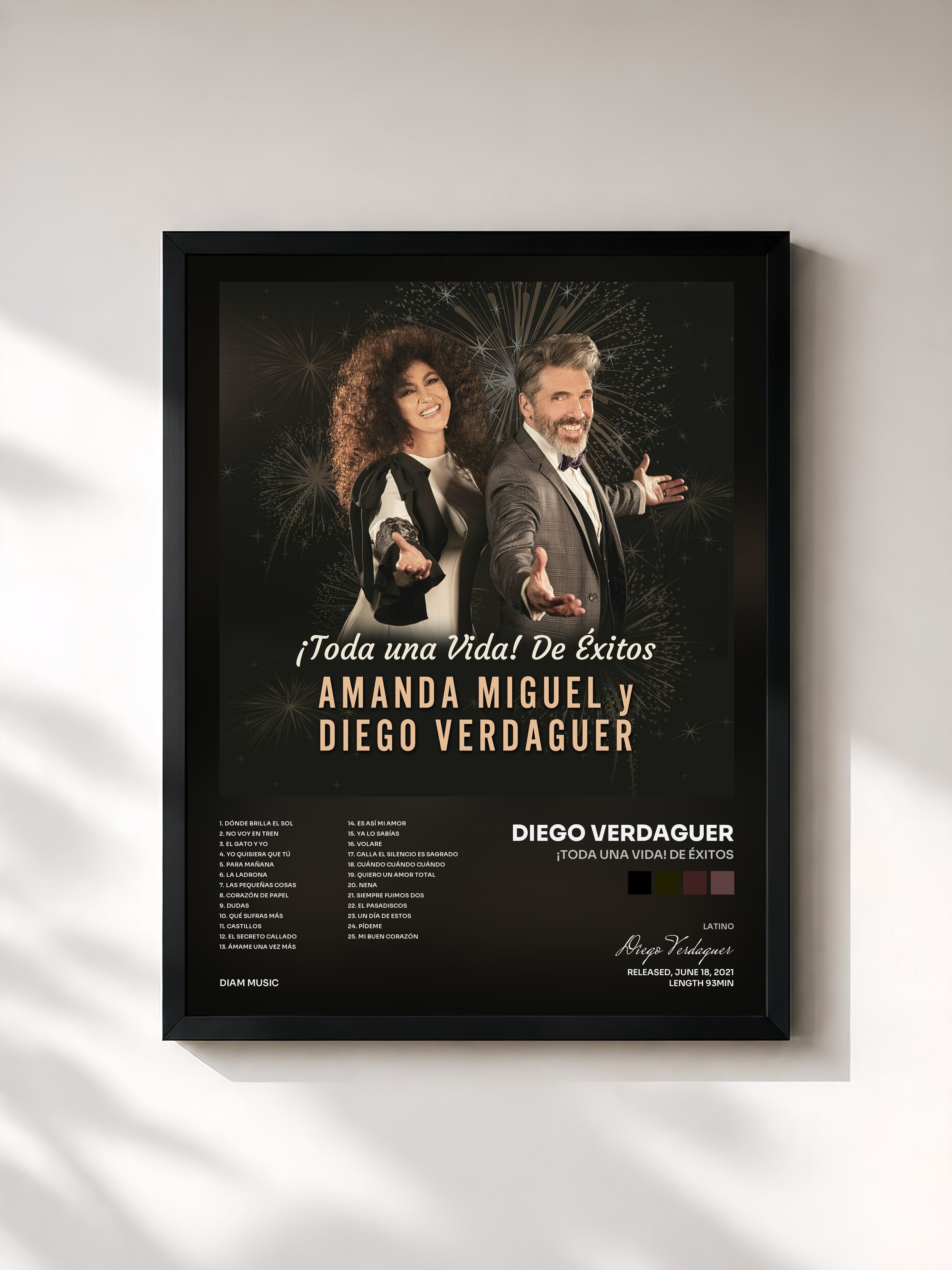 #noir Tableau de l'album ¡Toda Una Vida! De Éxitos de Diego Verdaguer, cadre noir, imprimé et encadré en France