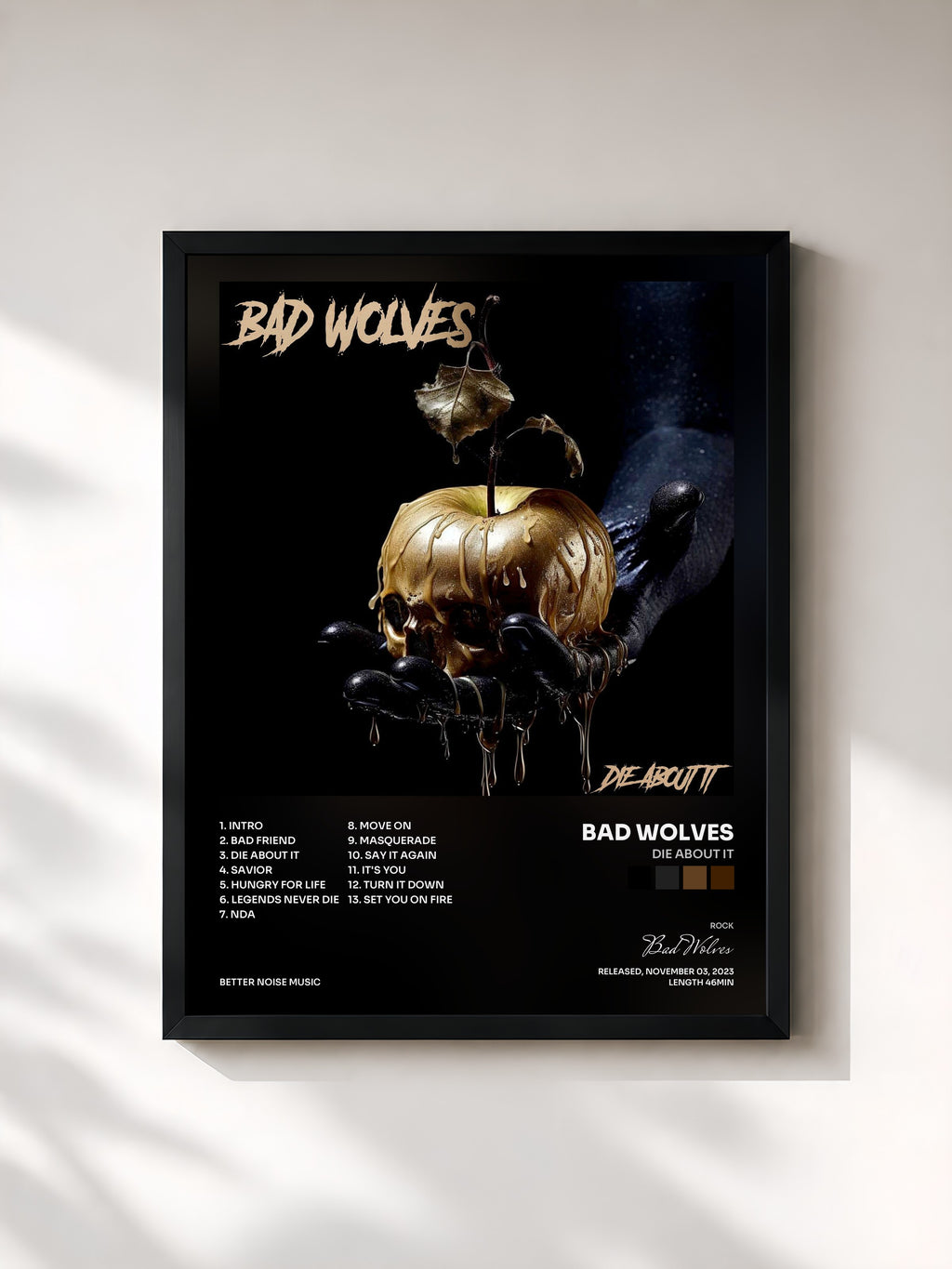 #noir Tableau de l'album Die About It de Bad Wolves, cadre noir, imprimé et encadré en France