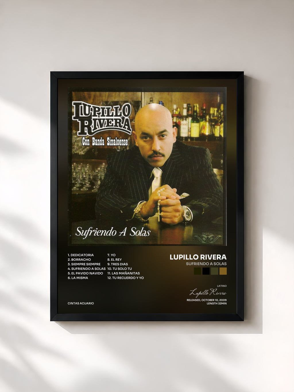 #noir Tableau de l'album Sufriendo a Solas de Lupillo Rivera, cadre noir, imprimé et encadré en France