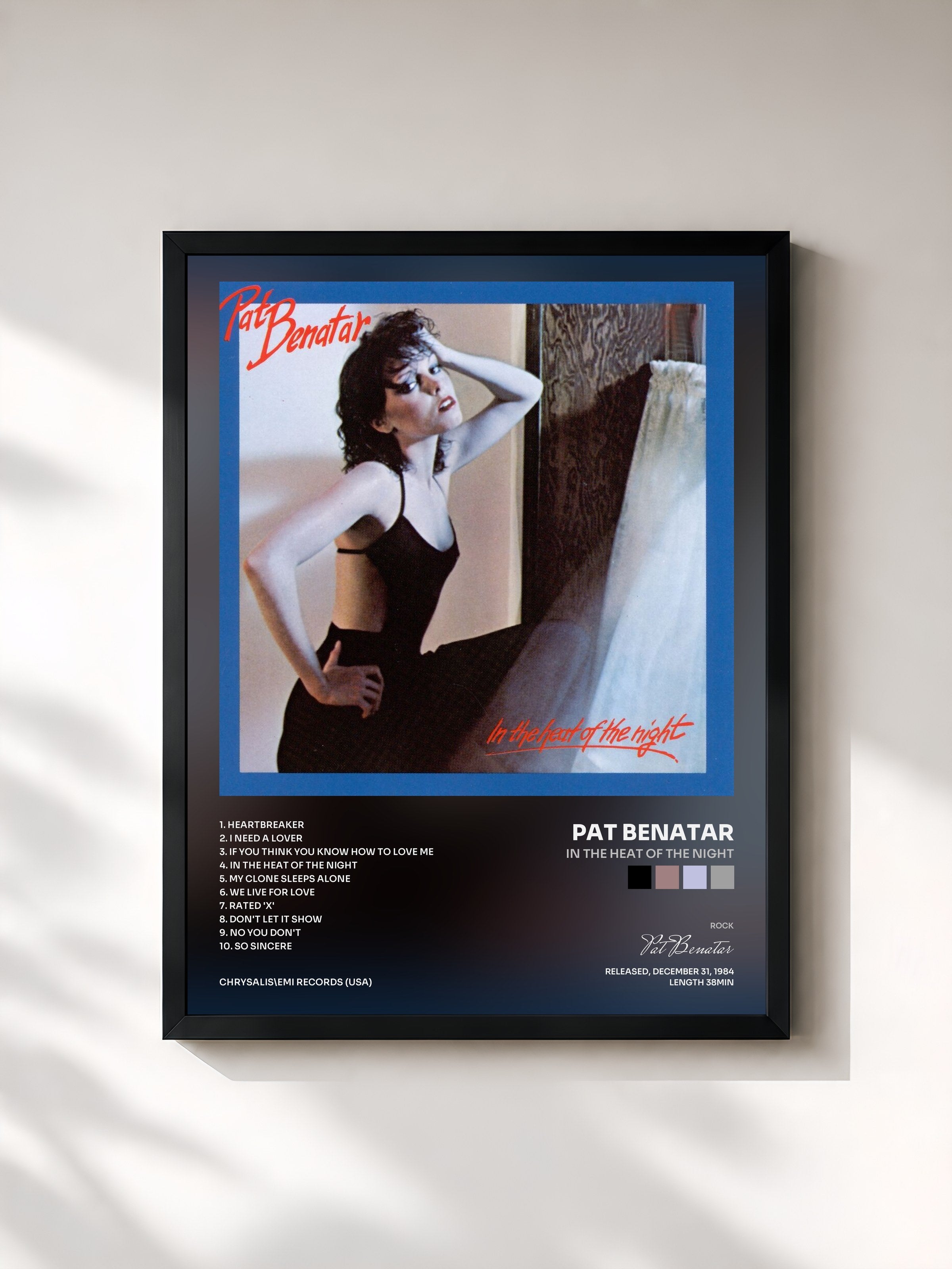 #noir Tableau de l'album In The Heat Of The Night de Pat Benatar, cadre noir, imprimé et encadré en France