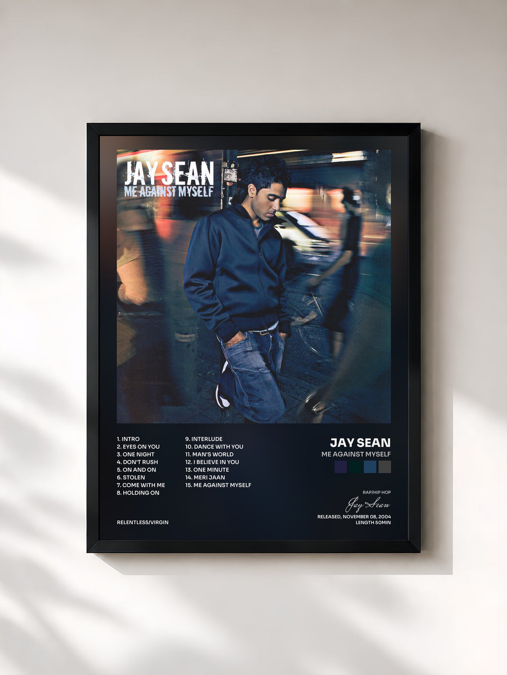 #noir Tableau de l'album Me Against Myself de Jay Sean, cadre noir, imprimé et encadré en France