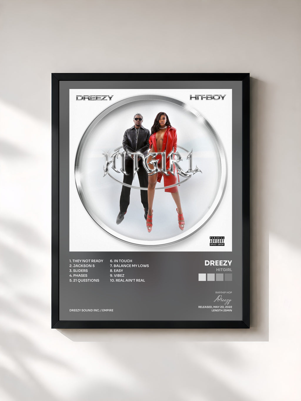 #noir Tableau de l'album HITGIRL de Dreezy, cadre noir, imprimé et encadré en France